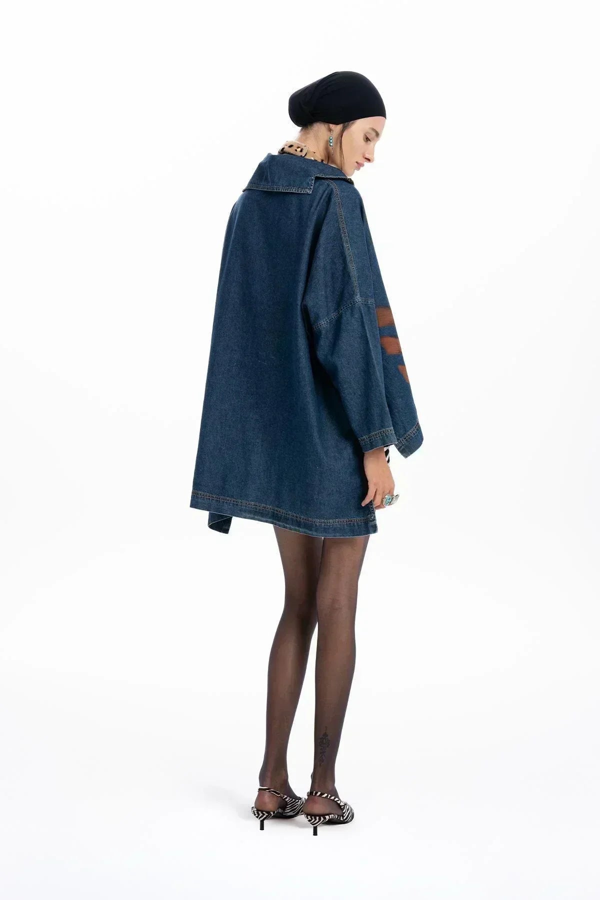 KOYU MAVİ DENIM FERMUARLI OVERSIZE ASİMETRİK KESİM GÖMLEK