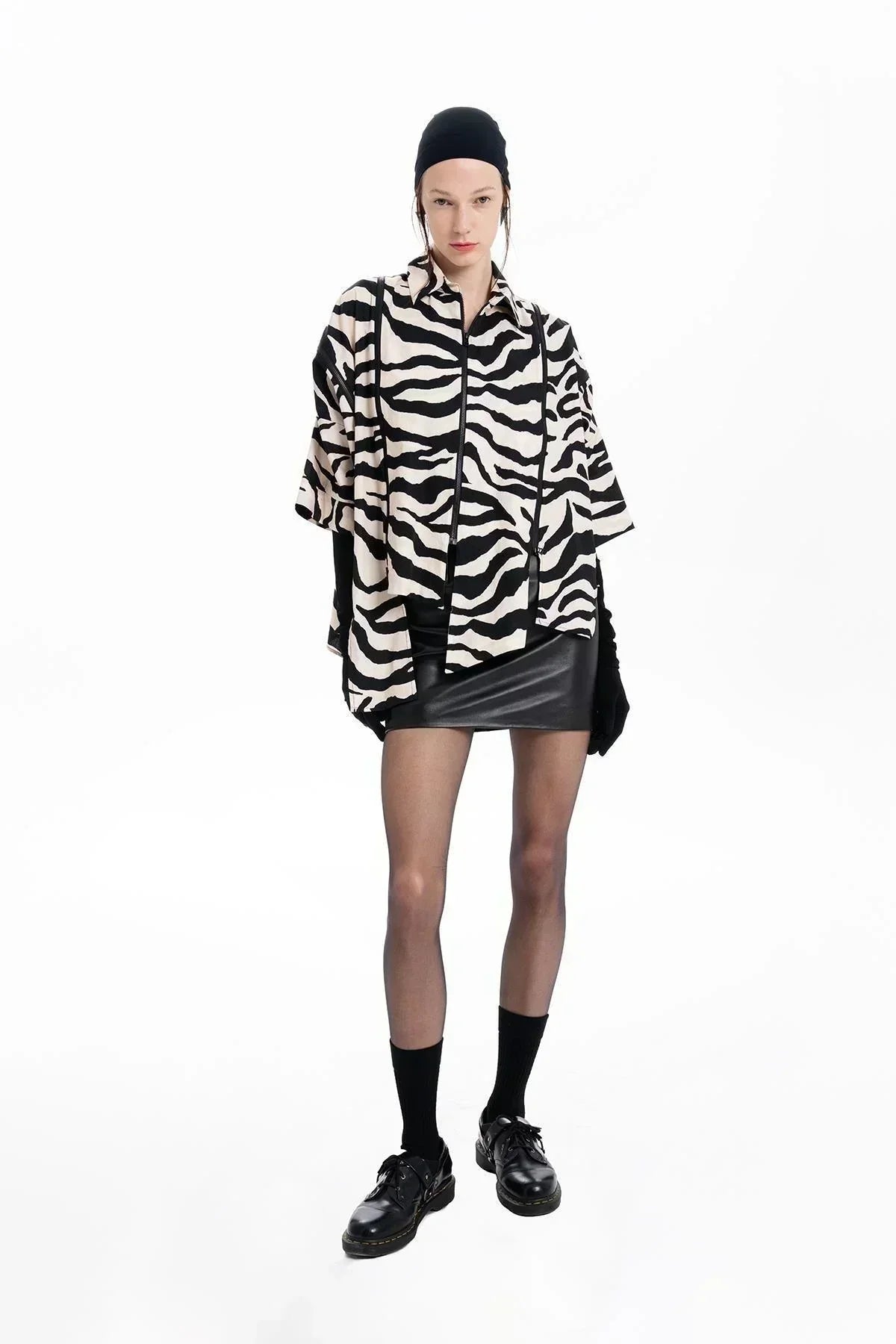 BLACK BEIGE ZEBRA PATTERNED ZIPPERED ASYMMETRIC CUT SHIRT