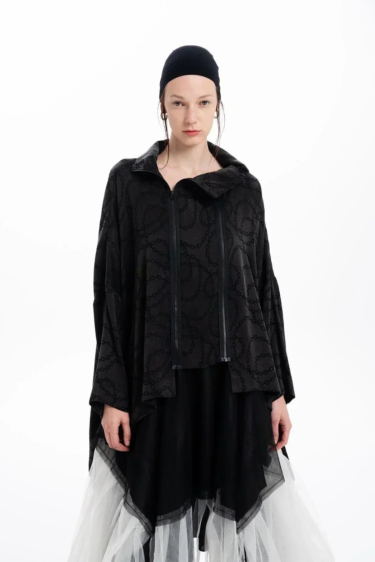 SİYAH ZİNCİR DESENLİ FERMUARLI OVERSİZE GÖMLEK