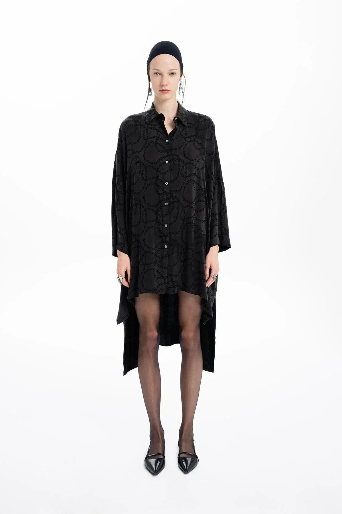 BLACK CHAIN PATTERNED ASYMMETRIC CUT SHIRT