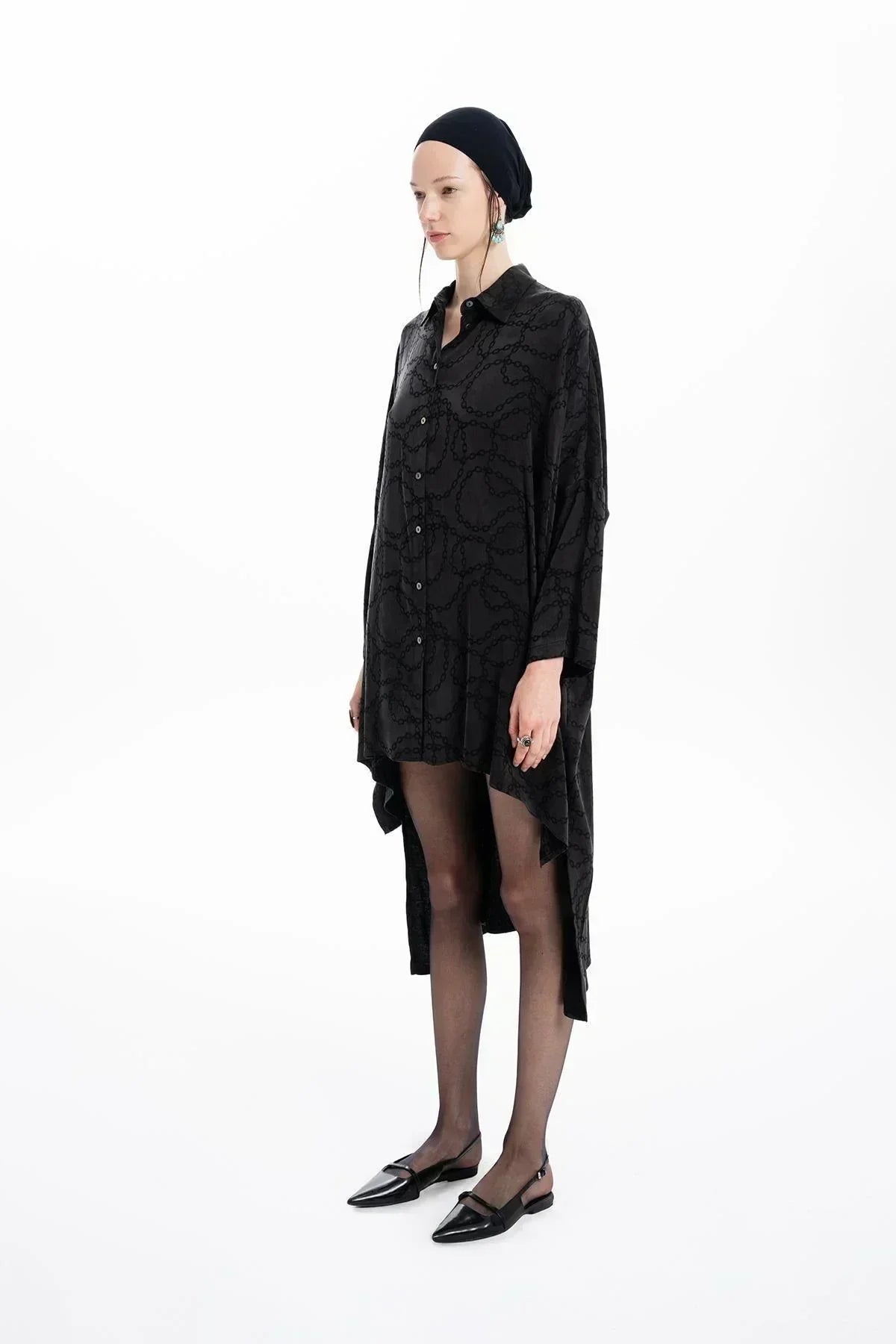 BLACK CHAIN PATTERNED ASYMMETRIC CUT SHIRT