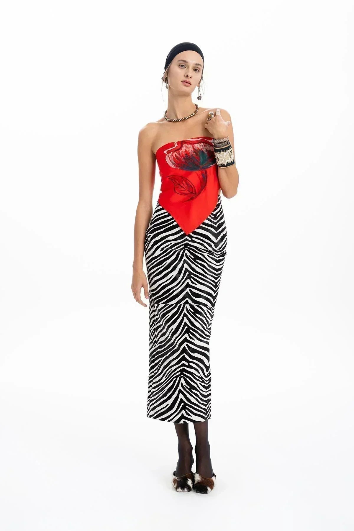 RED HAND PAINTED FLORAL PATTERNED STRAPLESS BUSTIER