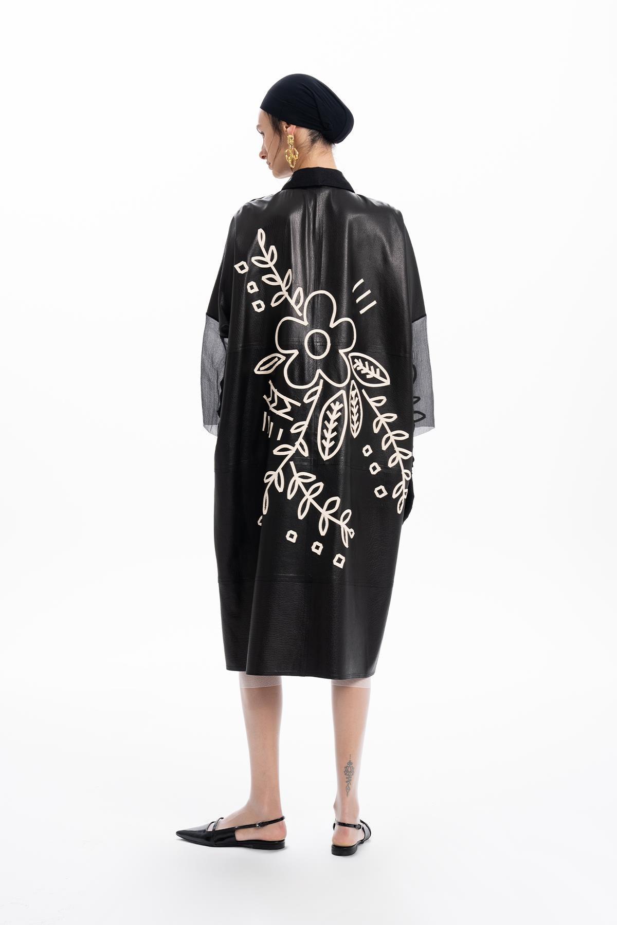 BLACK FLOWER EMBROIDERED LEATHER ORGANZA SHIRT DRESS