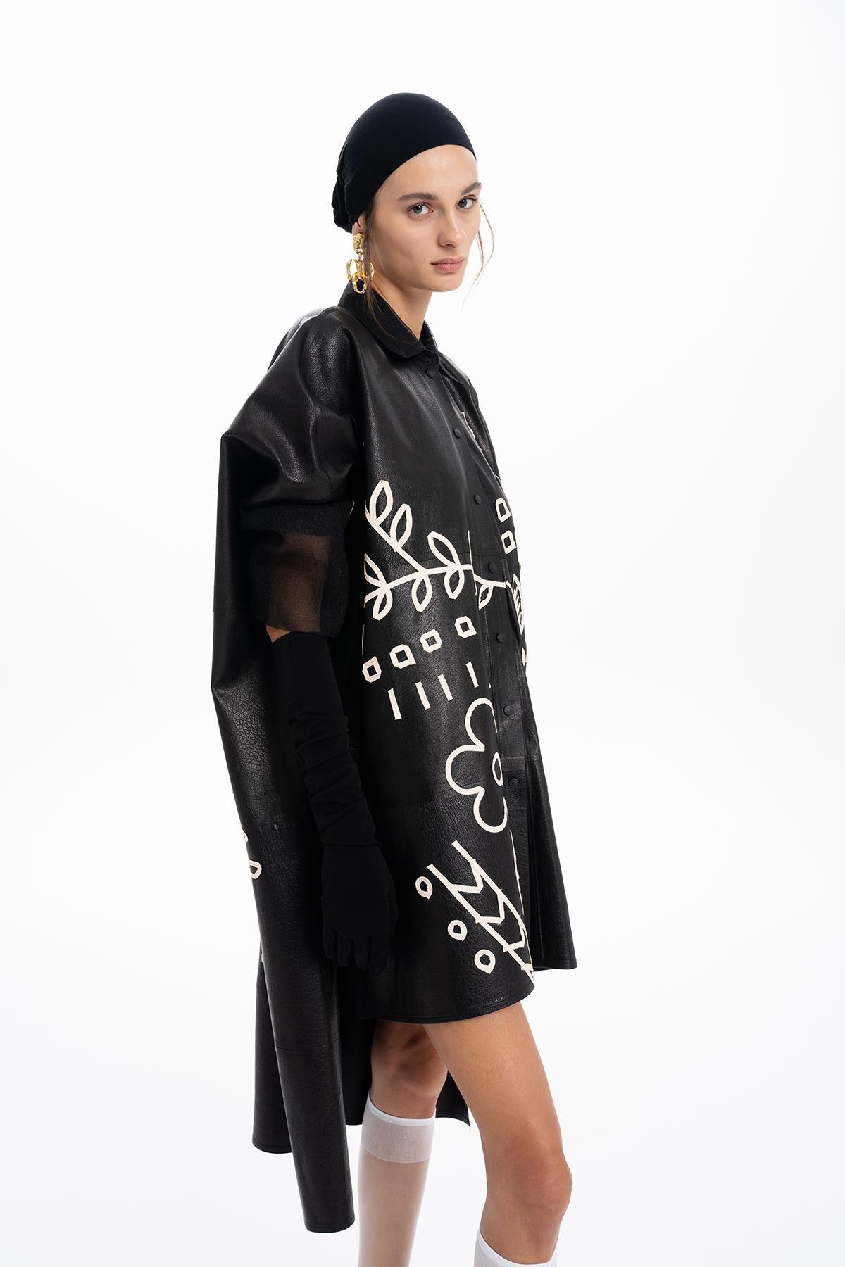 BLACK FLOWER EMBROIDERED LEATHER ORGANZA SHIRT DRESS