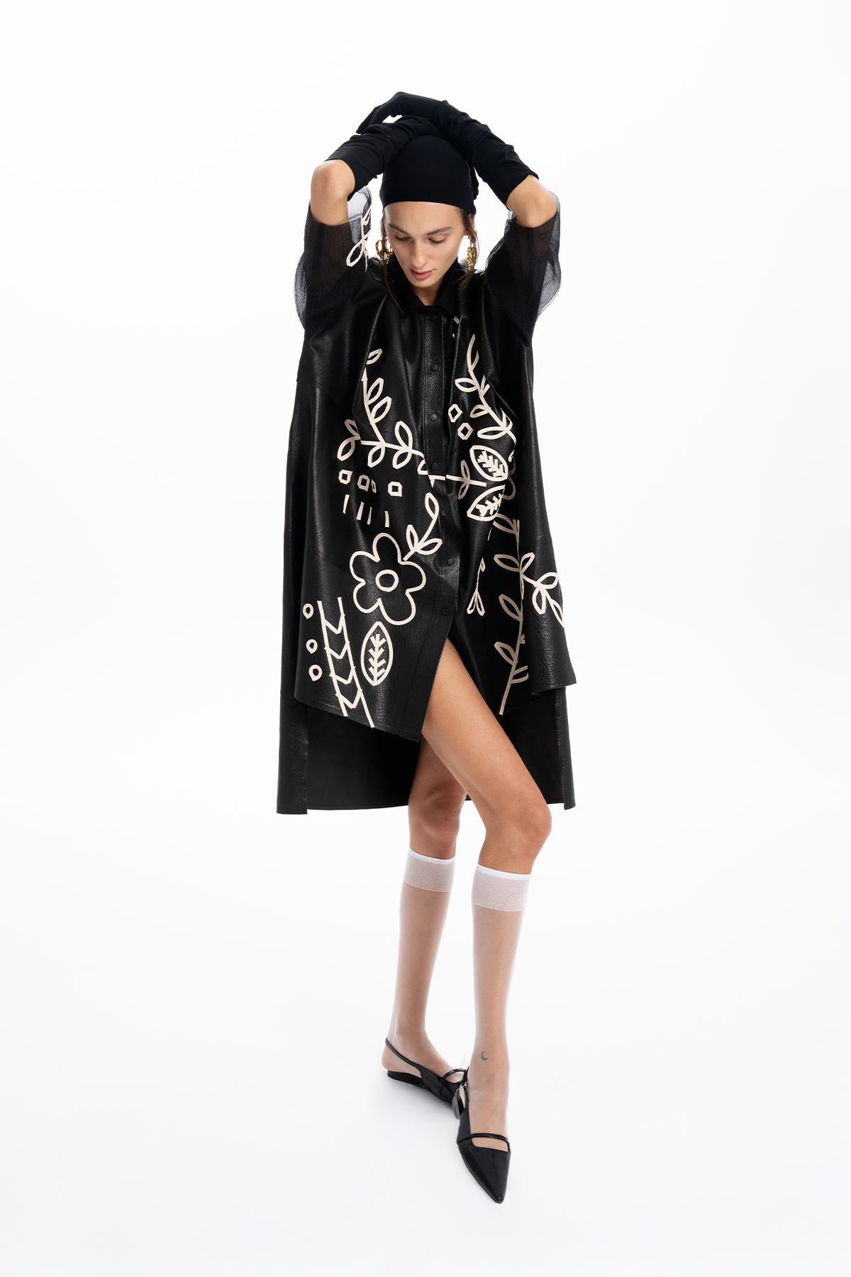 BLACK FLOWER EMBROIDERED LEATHER ORGANZA SHIRT DRESS