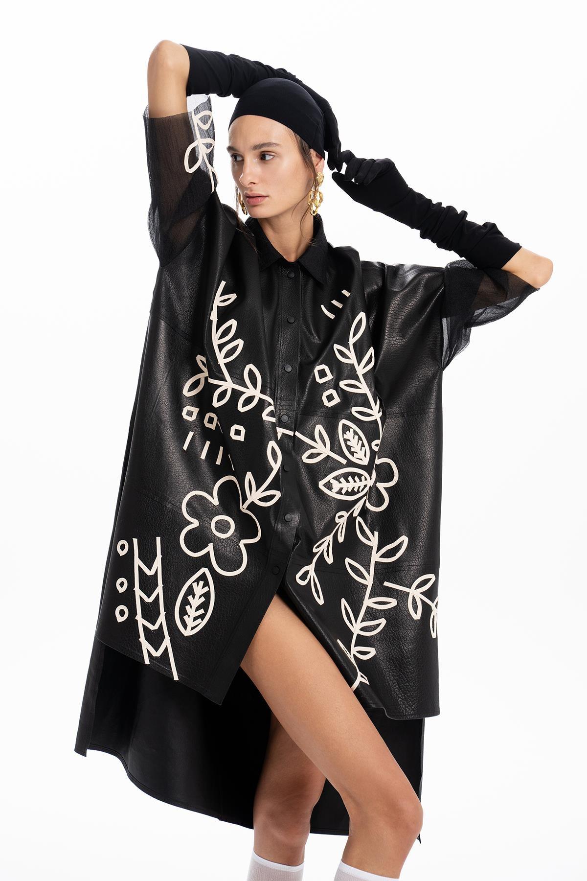 BLACK FLOWER EMBROIDERED LEATHER ORGANZA SHIRT DRESS