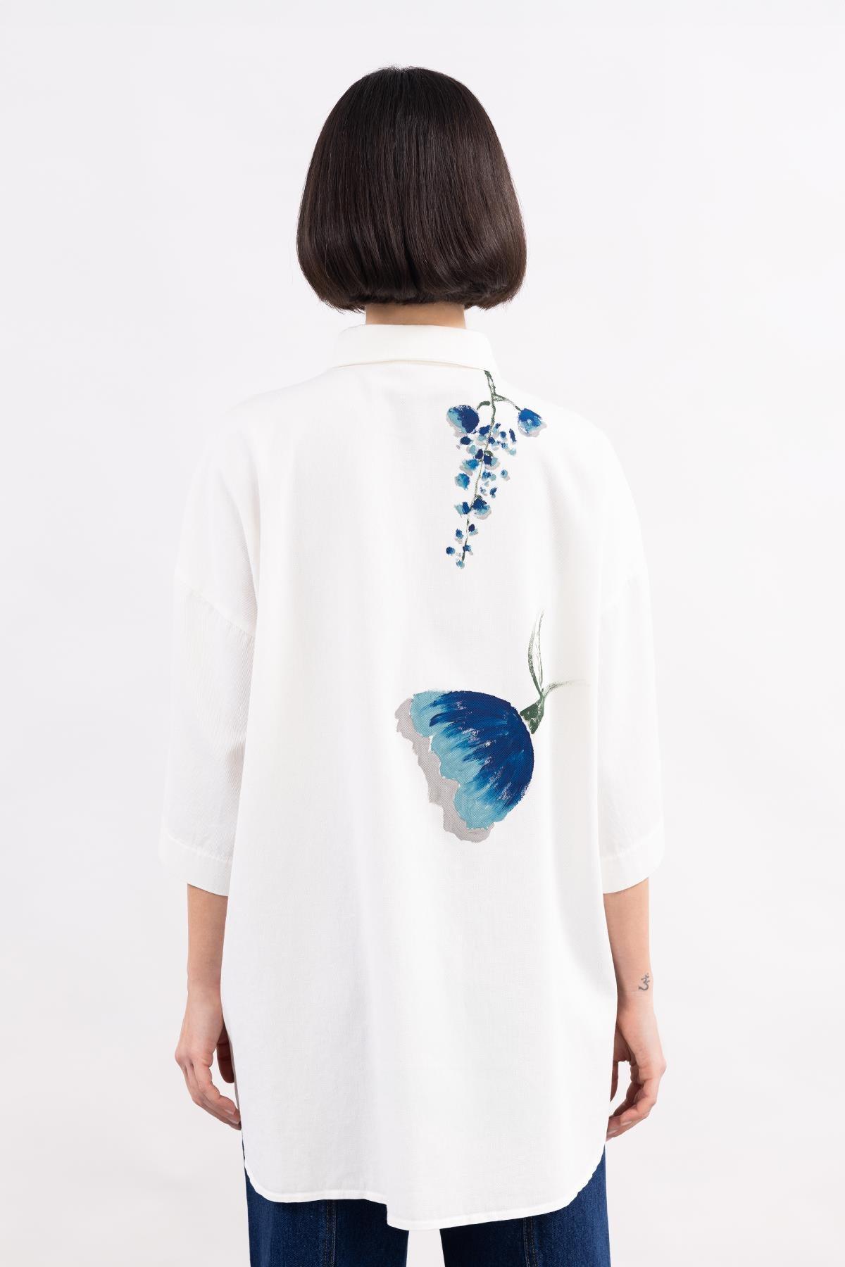 BEYAZ TRUVAKAR KOLLU EL BOYAMASI DETAYLI GABARDİN GÖMLEK - MiiN