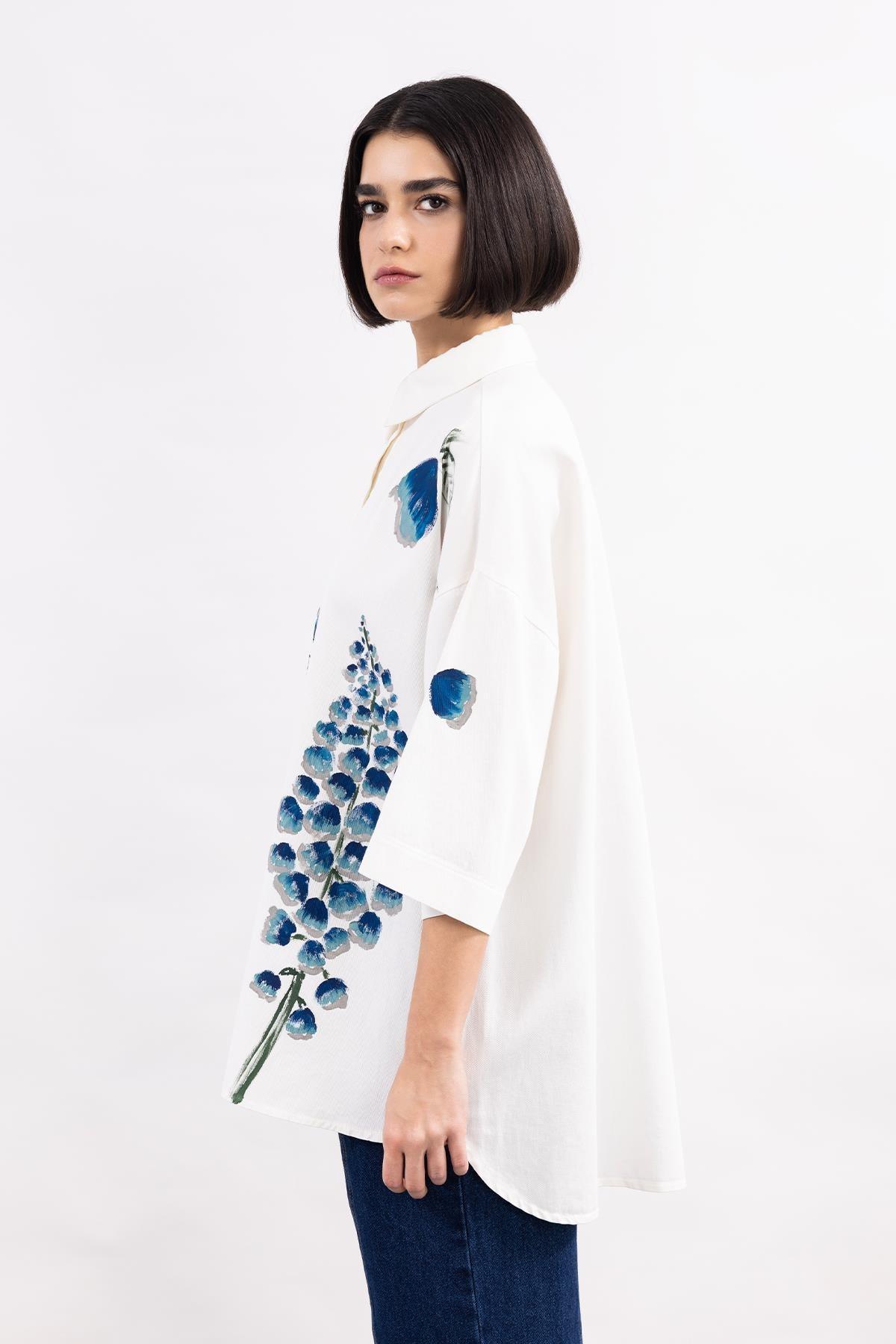 BEYAZ TRUVAKAR KOLLU EL BOYAMASI DETAYLI GABARDİN GÖMLEK - MiiN