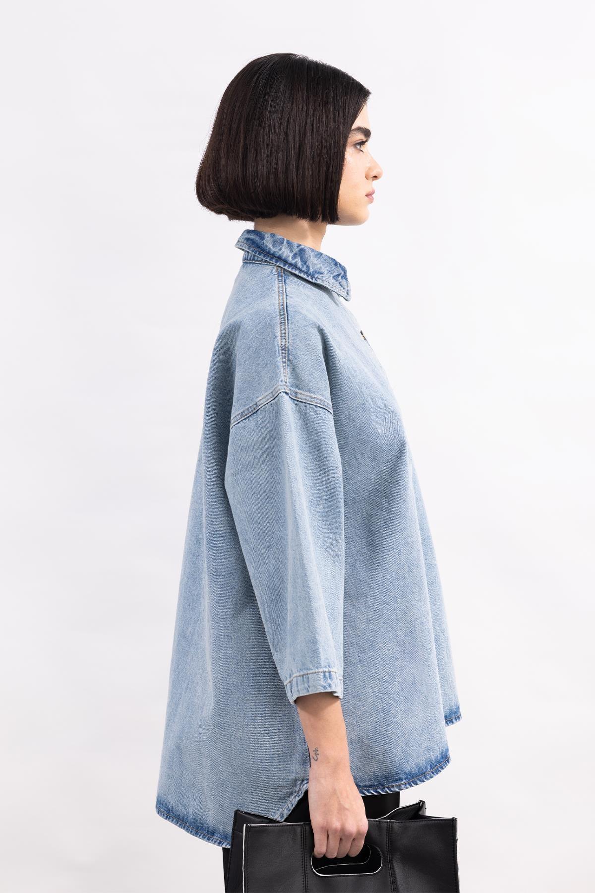 SNOW WASHED THREE QUARTER SLEEVE DENIM SHIRT