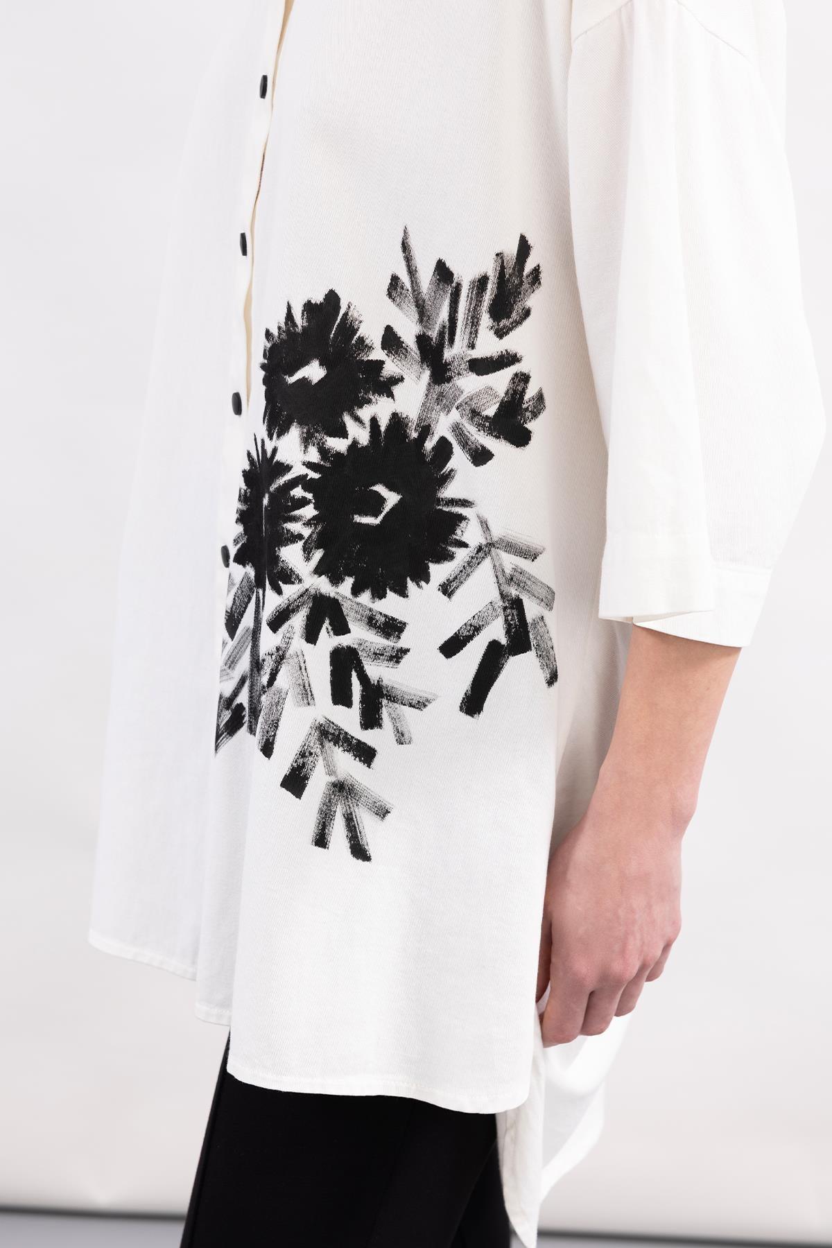 BEYAZ TRUVAKAR KOLLU EL BOYAMASI GABARDİN GÖMLEK - MiiN