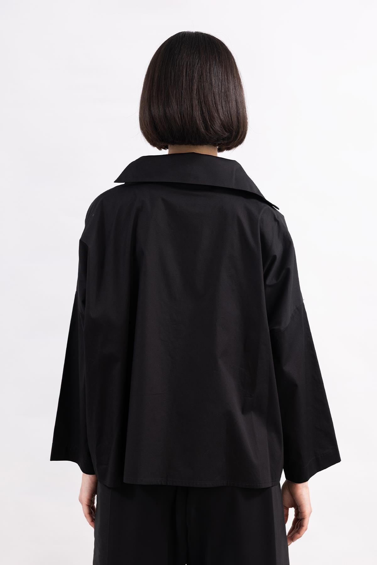BLACK LONG SLEEVE ZIPPERED HIGH COLLAR POPLIN SHIRT