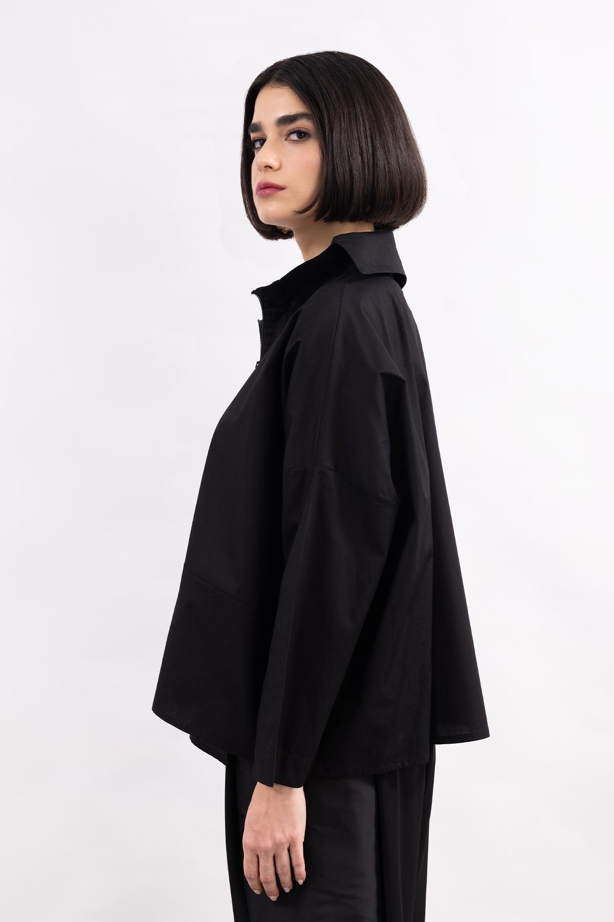 BLACK LONG SLEEVE ZIPPERED HIGH COLLAR POPLIN SHIRT