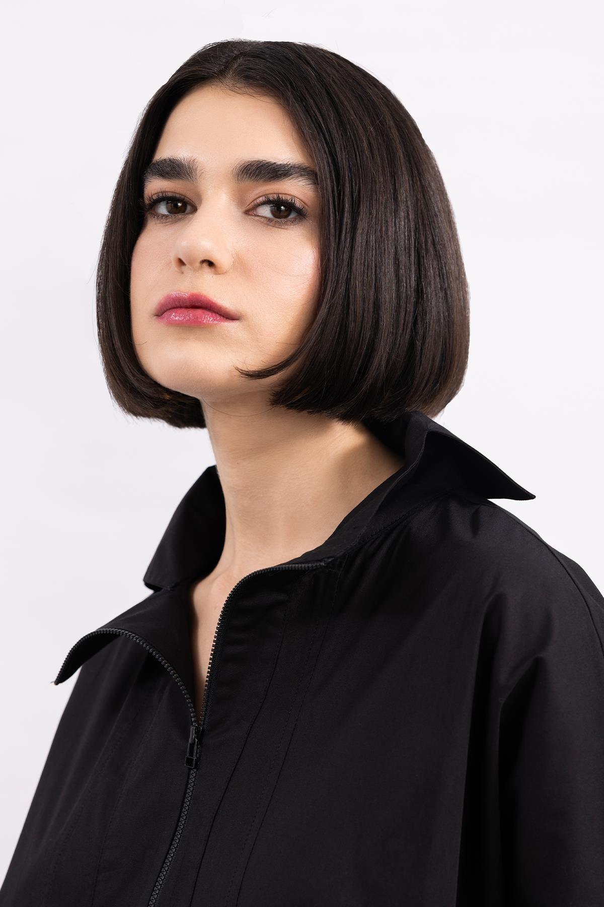 BLACK LONG SLEEVE ZIPPERED HIGH COLLAR POPLIN SHIRT