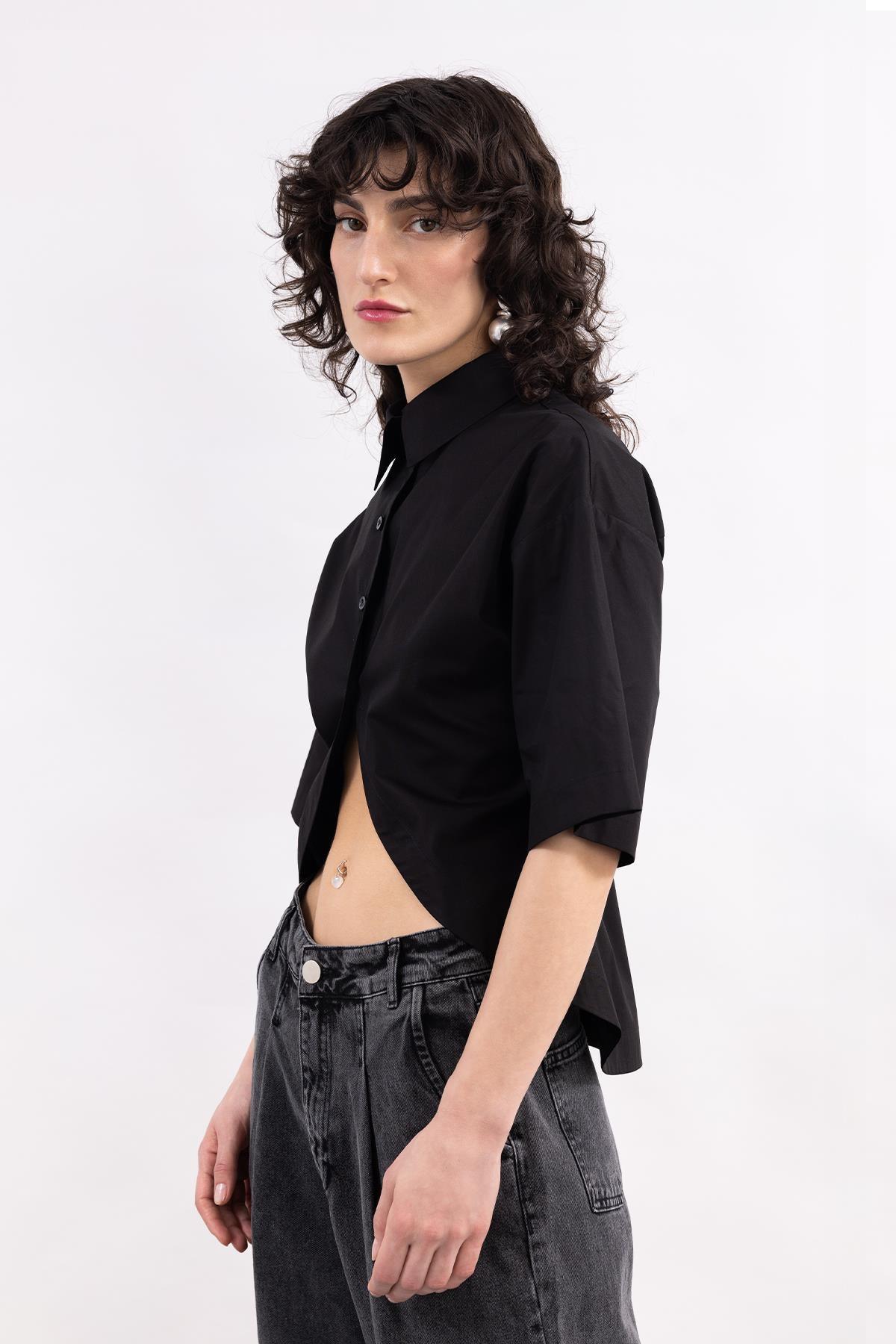 SİYAH TRUVAKAR KOLLU POPLİN GÖMLEK - MiiN