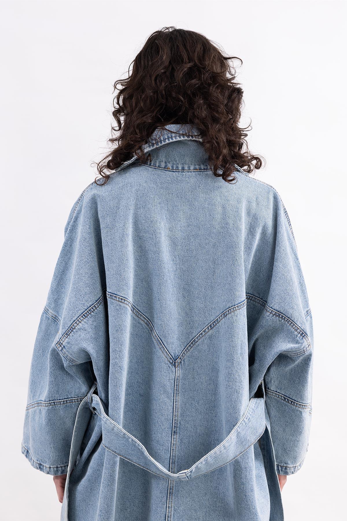 SNOW WASHED LONG SLEEVE BELT DENIM SHIRT