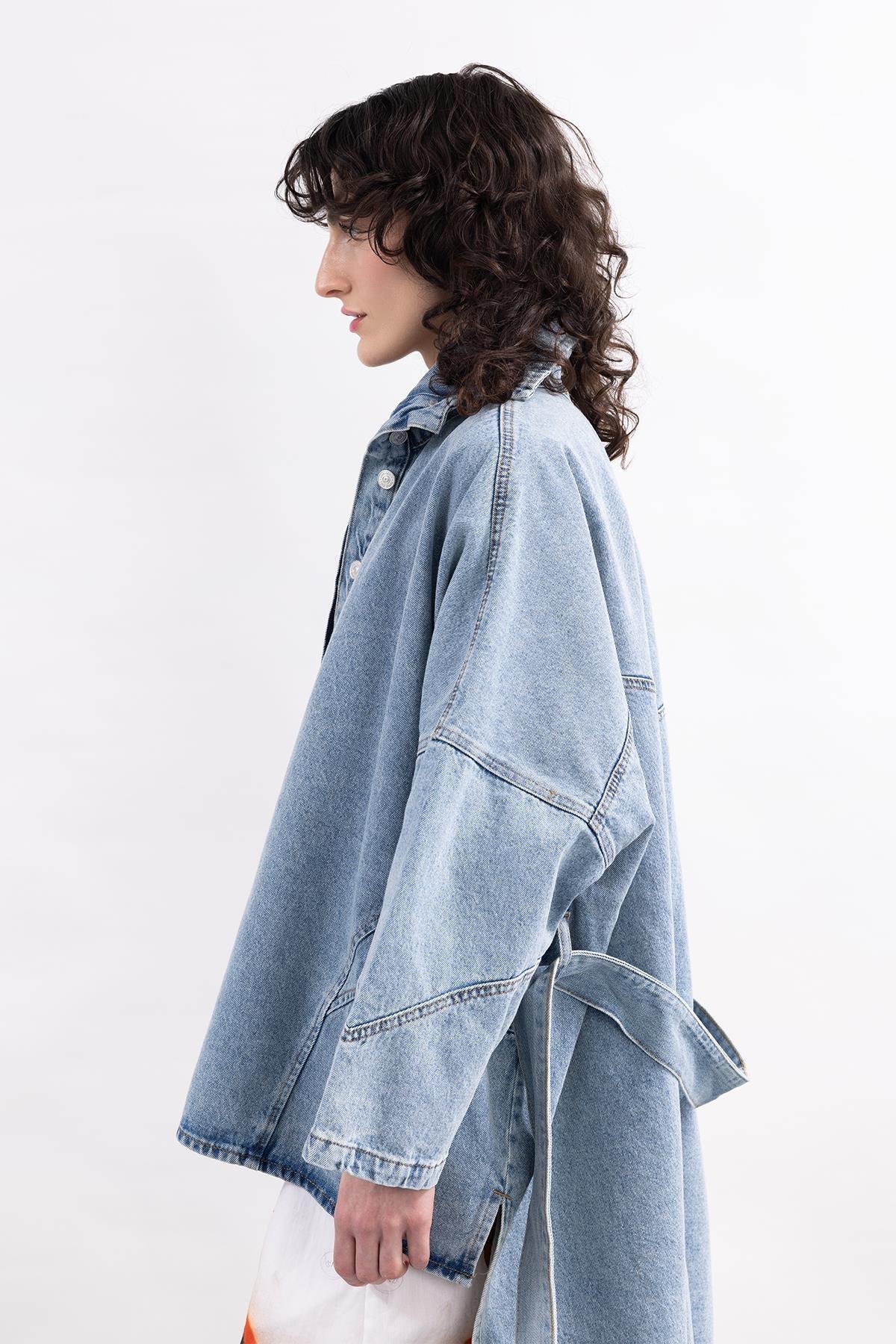 SNOW WASHED LONG SLEEVE BELT DENIM SHIRT