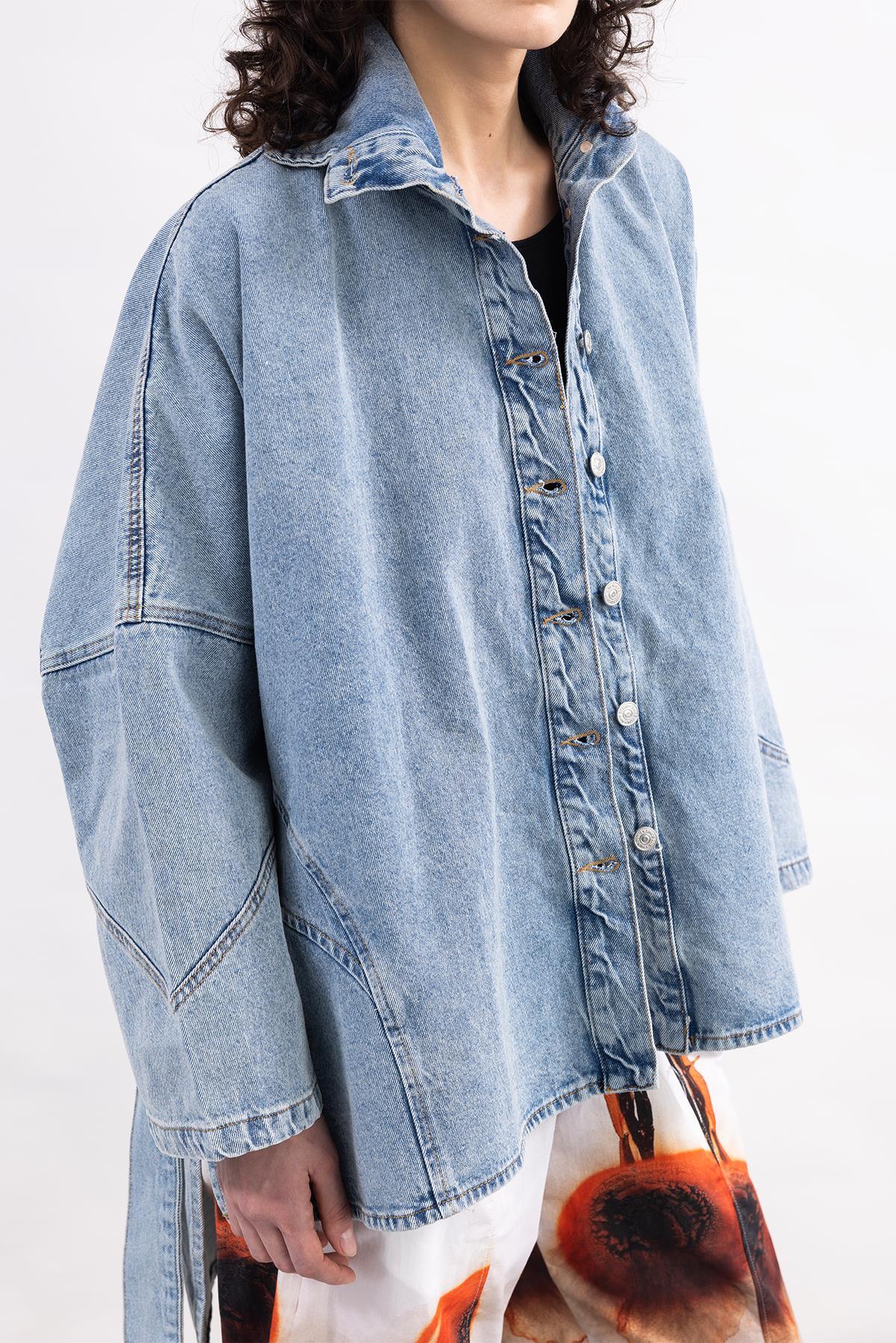 SNOW WASHED LONG SLEEVE BELT DENIM SHIRT