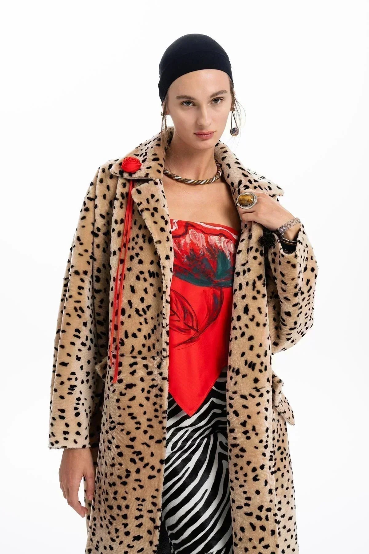 CAMEL LEOPARD PATTERNED OVERSIZE FUR COAT