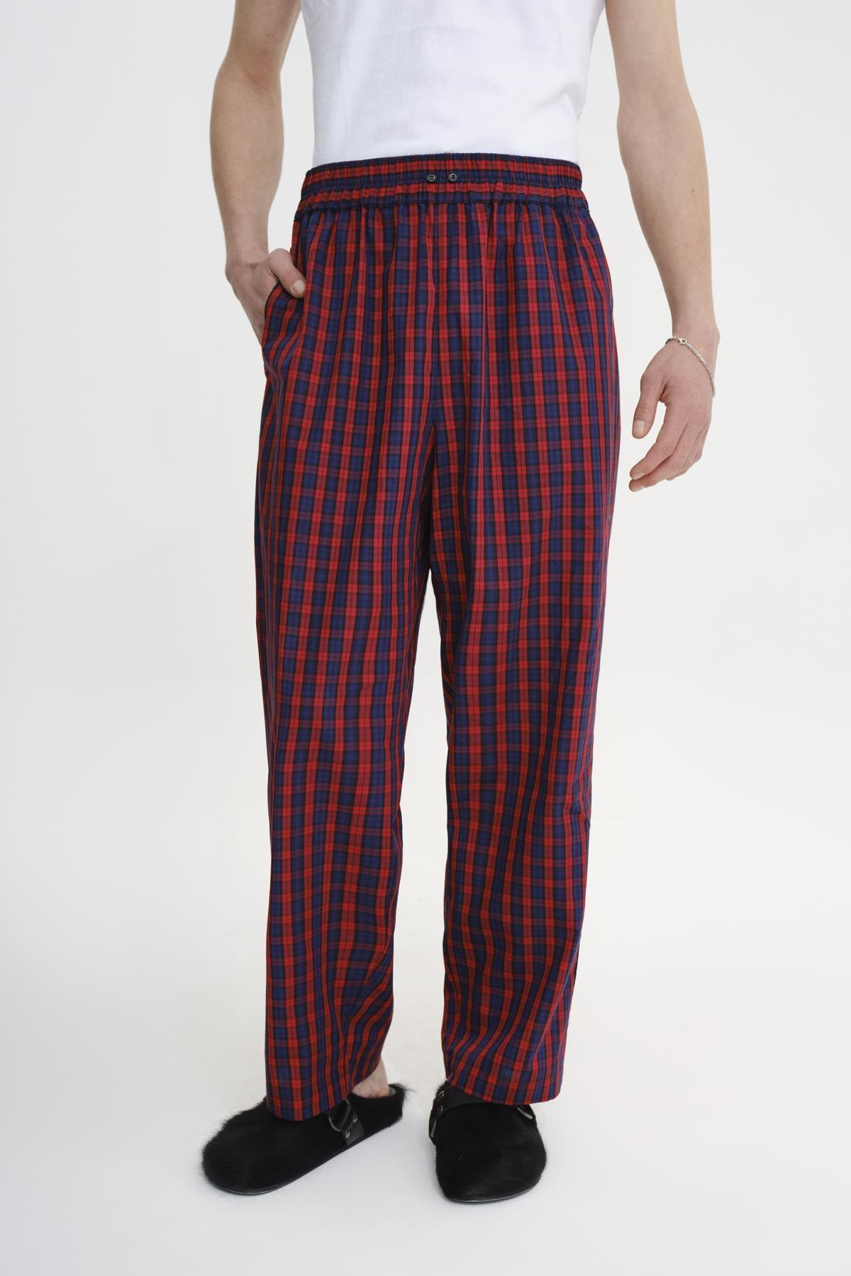 KIRMIZI LACİVERT EKOSE DESENLİ BELİ LASTİKLİ RELAXED FIT PANTOLON - MİİN