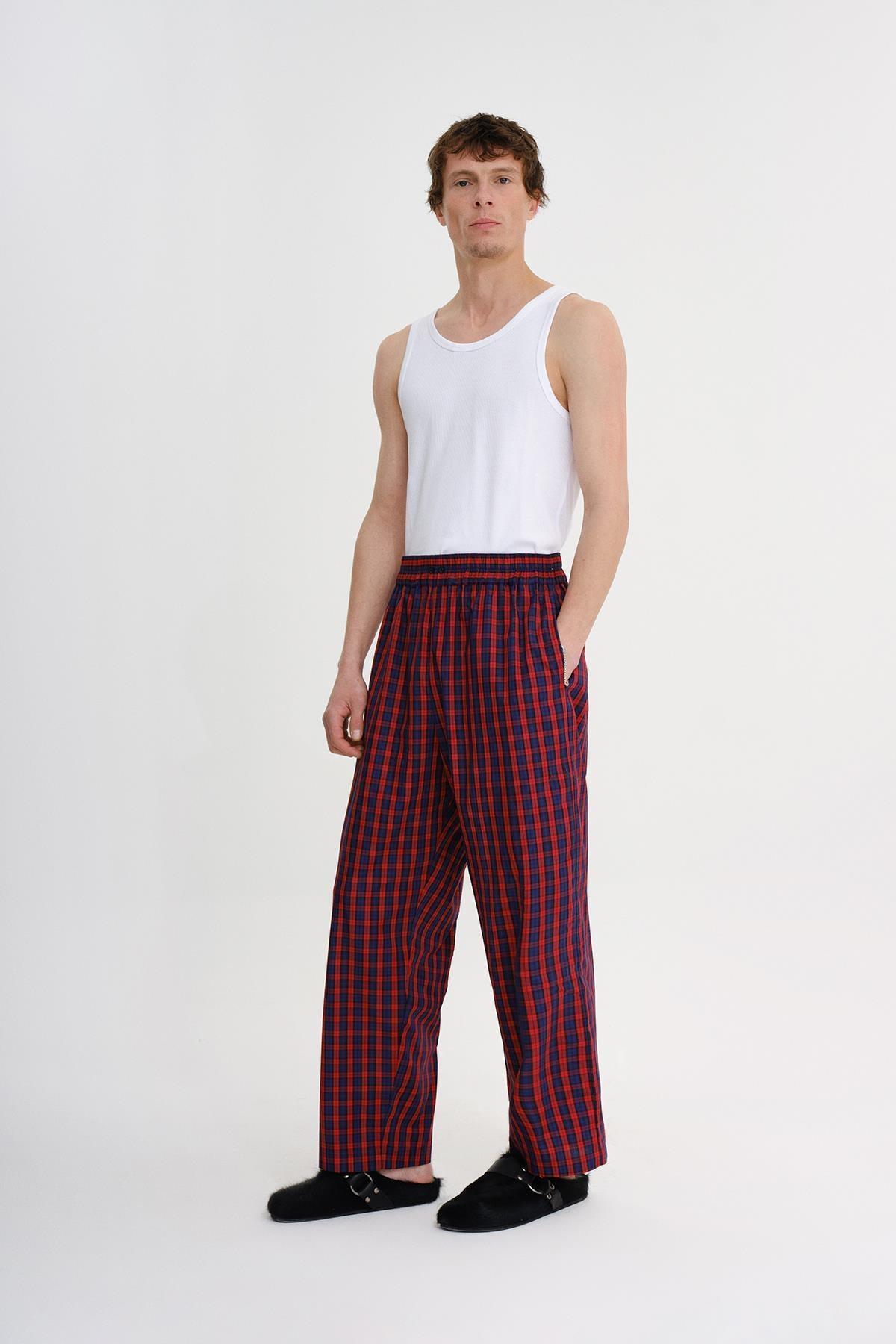 KIRMIZI LACİVERT EKOSE DESENLİ BELİ LASTİKLİ RELAXED FIT PANTOLON - MİİN