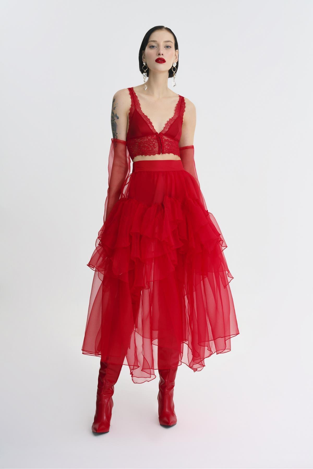 KIRMIZI TRANSPARAN VOLANLI UZUN TÜTÜ ETEK - MiiN