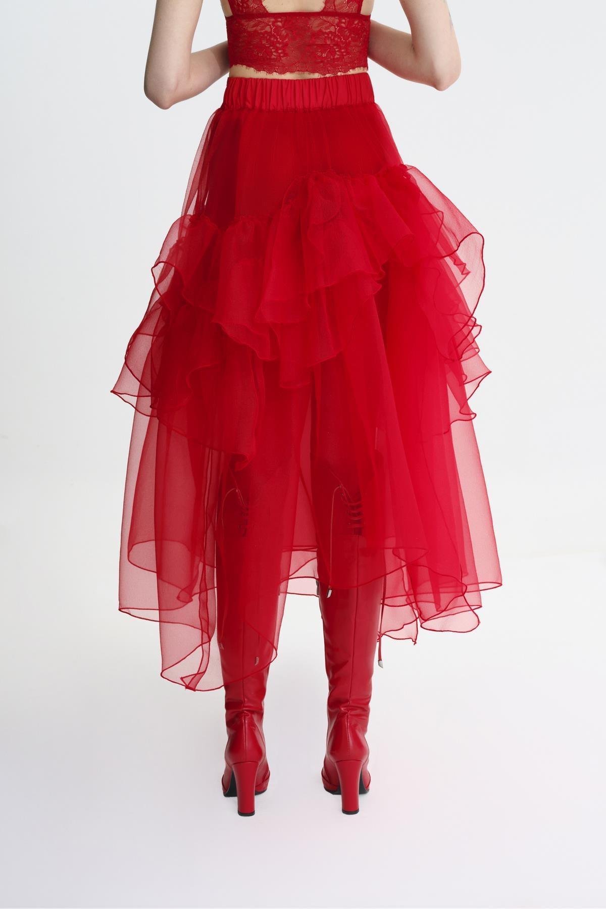 KIRMIZI TRANSPARAN VOLANLI UZUN TÜTÜ ETEK - MiiN