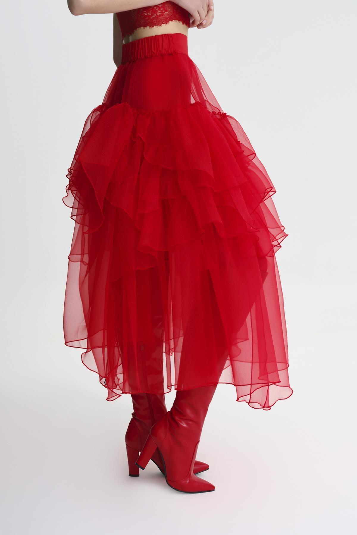 KIRMIZI TRANSPARAN VOLANLI UZUN TÜTÜ ETEK - MiiN