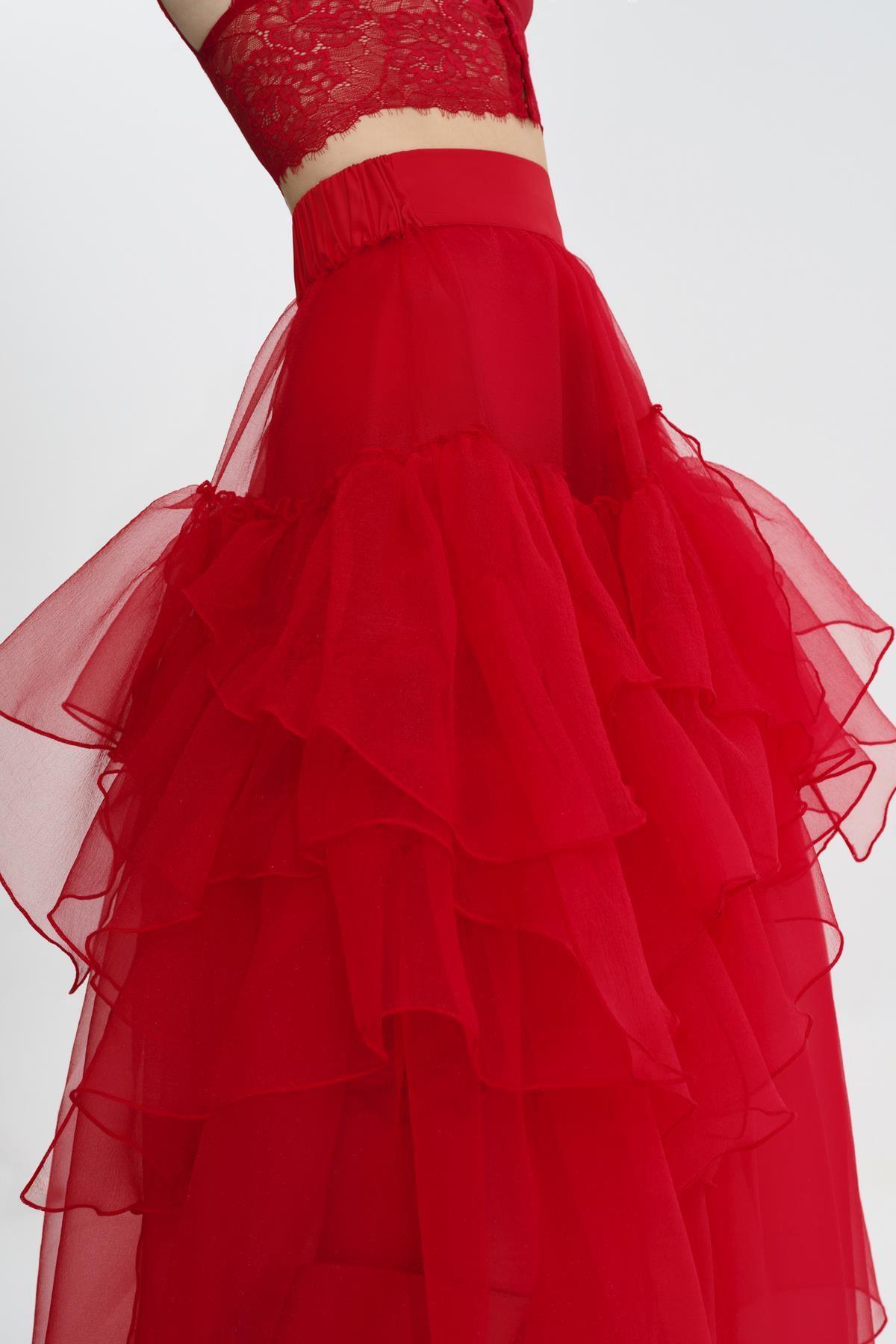 KIRMIZI TRANSPARAN VOLANLI UZUN TÜTÜ ETEK - MiiN