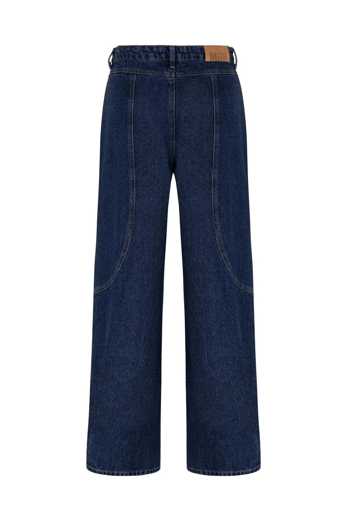 DARK BLUE STITCH DETAILED DENIM WIDE LEG TROUSERS
