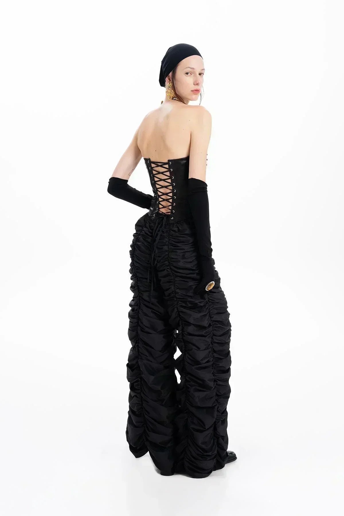 BLACK TAFFETA SHIRT DRAPED WIDE LEG TROUSERS