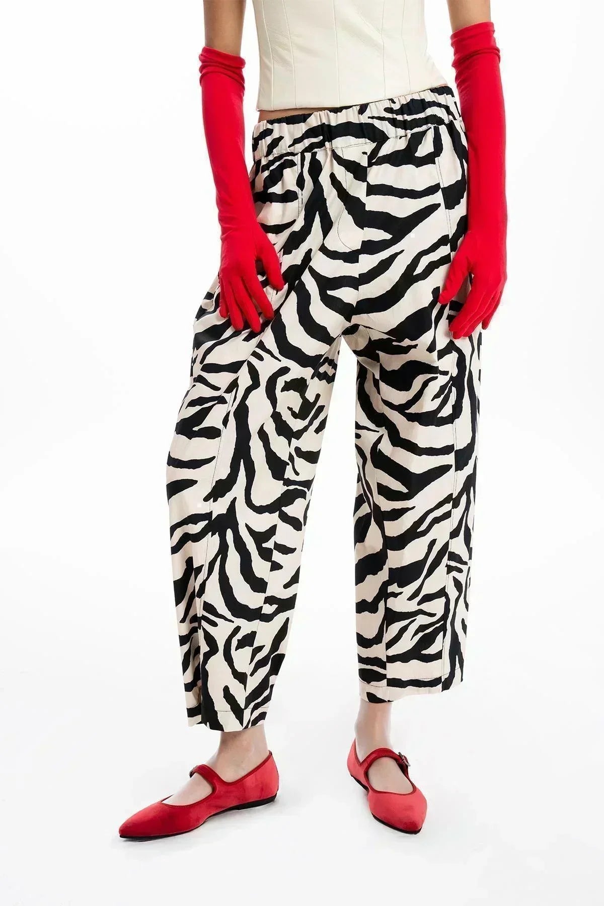 BLACK BEIGE ZEBRA PATTERNED WIDE LEG TROUSERS