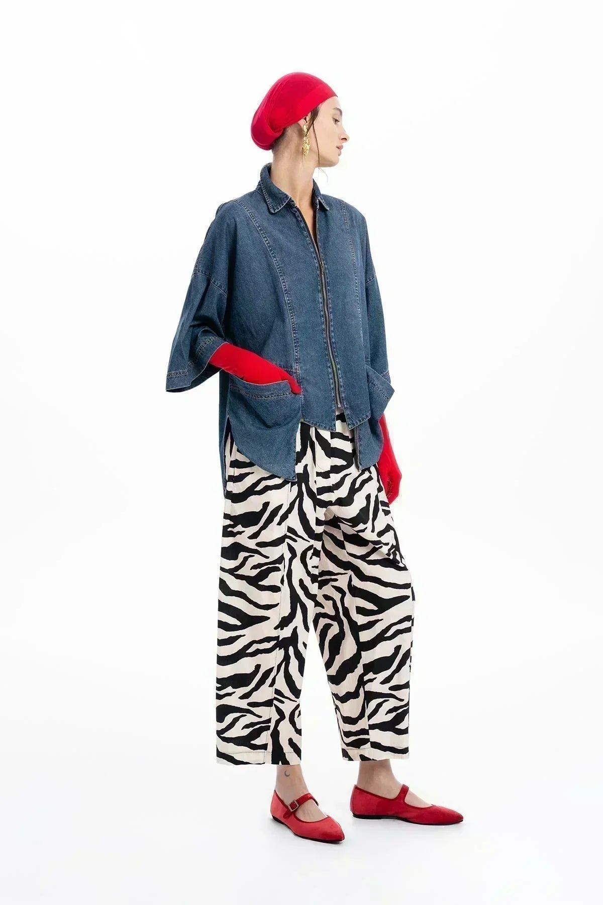 BLACK BEIGE ZEBRA PATTERNED WIDE LEG TROUSERS