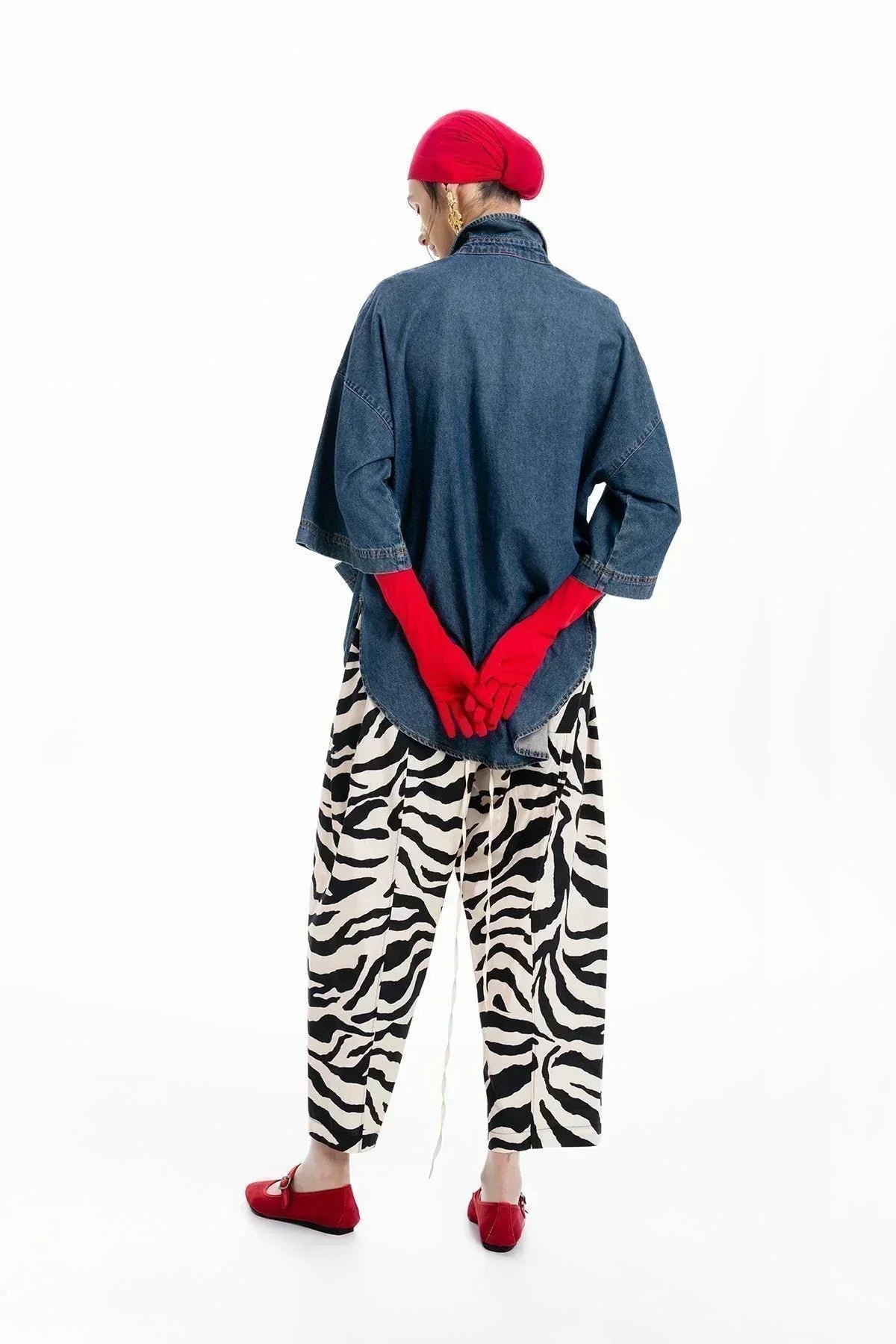 SİYAH BEJ ZEBRA DESENLİ BOL PAÇA PANTOLON