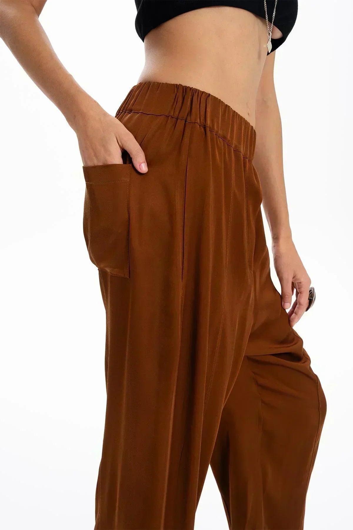 BROWN SATIN POCKET DETAILED WIDE LEG TROUSERS