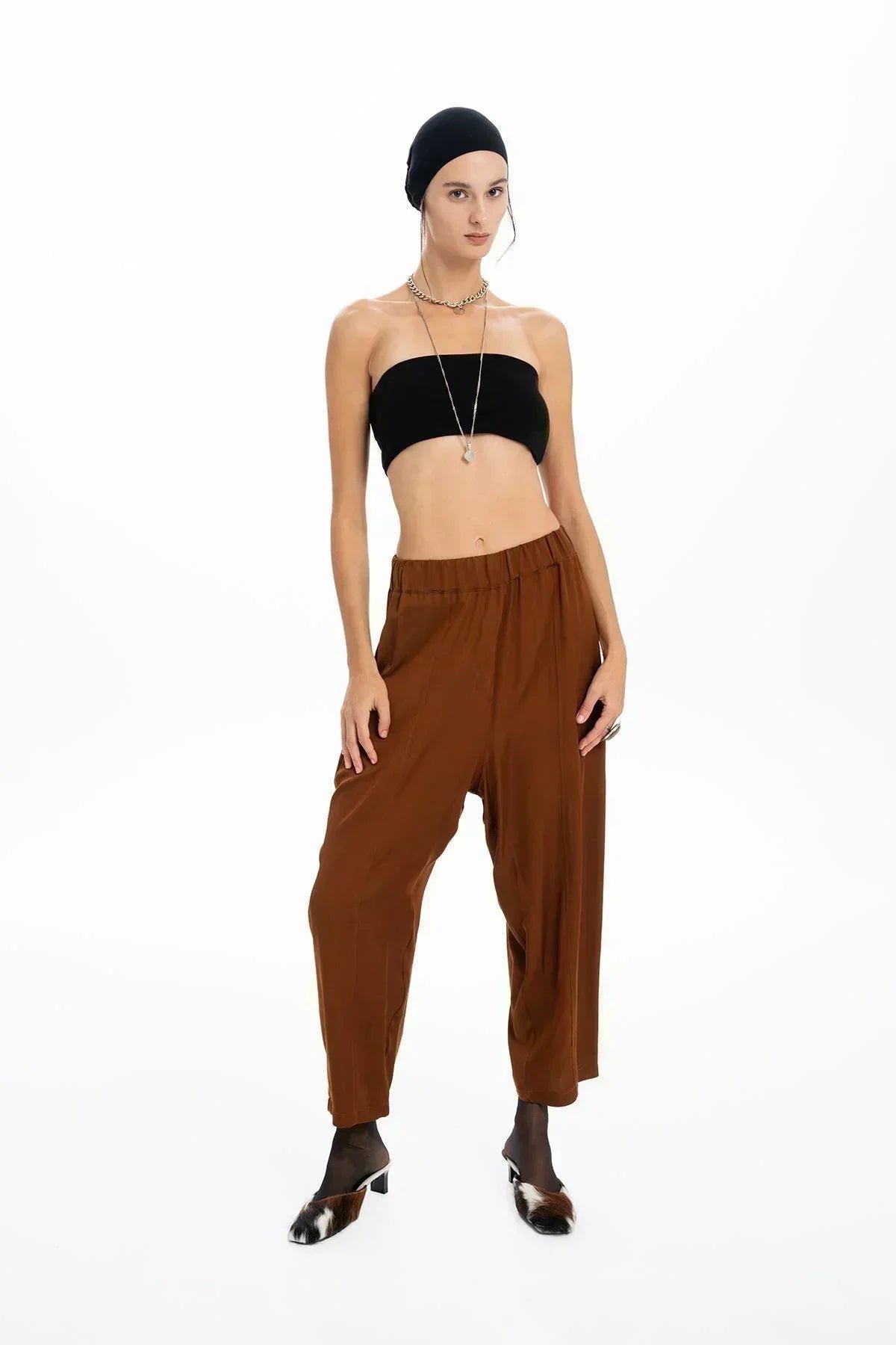BROWN SATIN POCKET DETAILED WIDE LEG TROUSERS