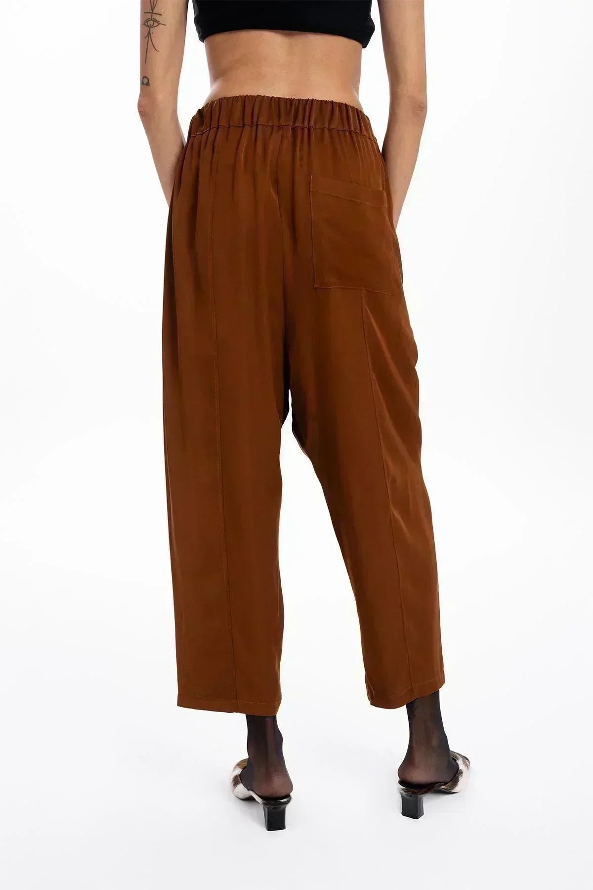BROWN SATIN POCKET DETAILED WIDE LEG TROUSERS