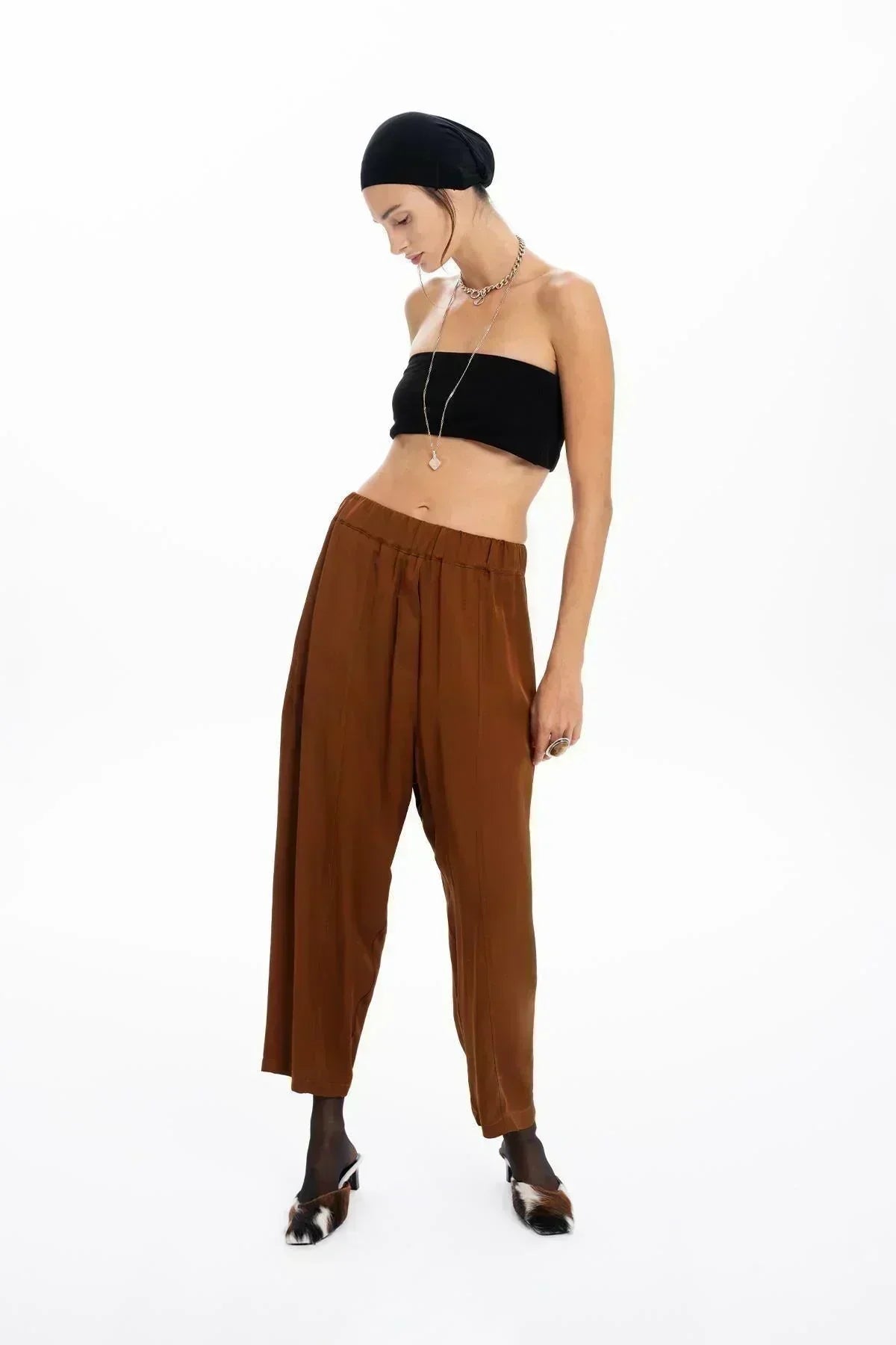 BROWN SATIN POCKET DETAILED WIDE LEG TROUSERS