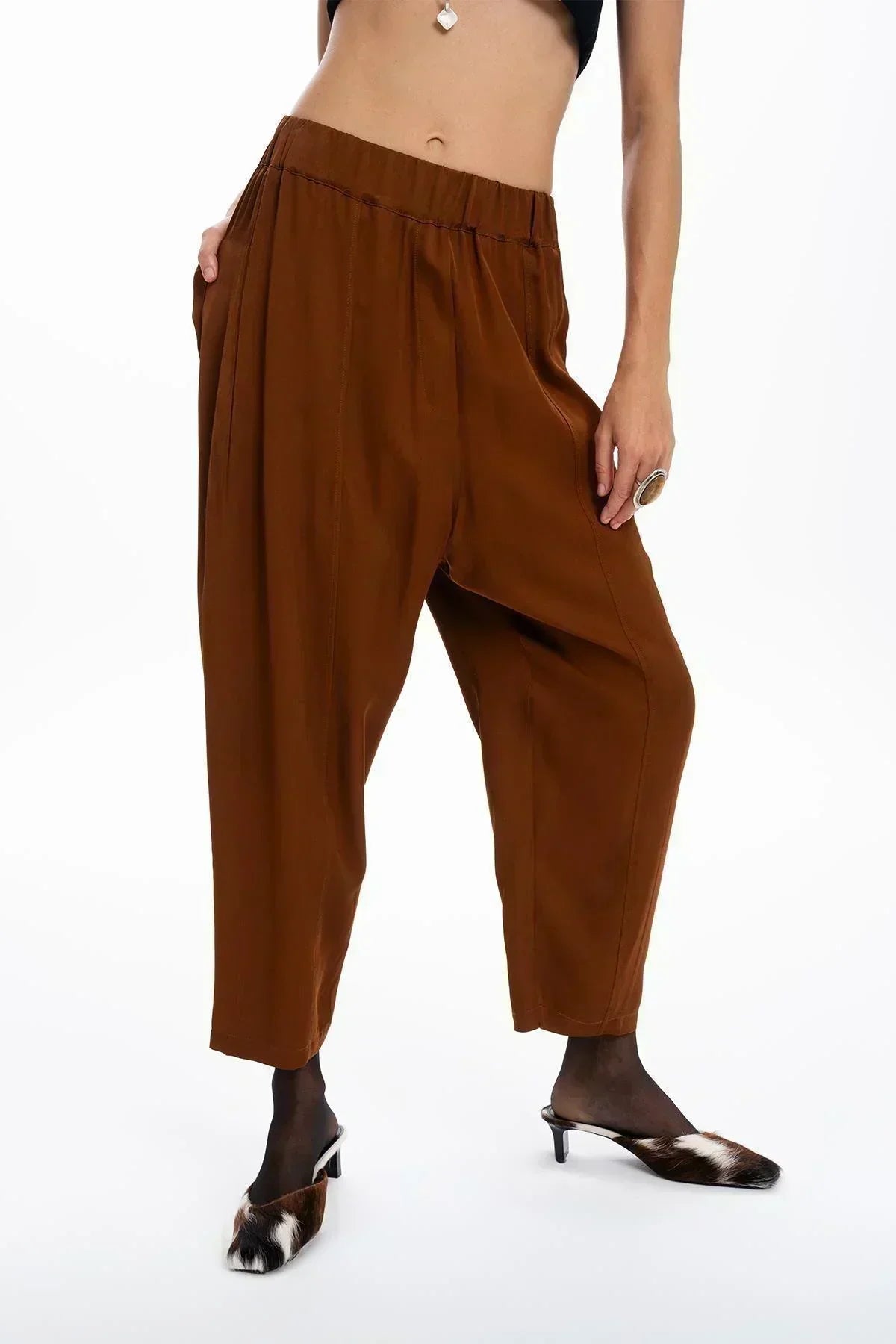 BROWN SATIN POCKET DETAILED WIDE LEG TROUSERS