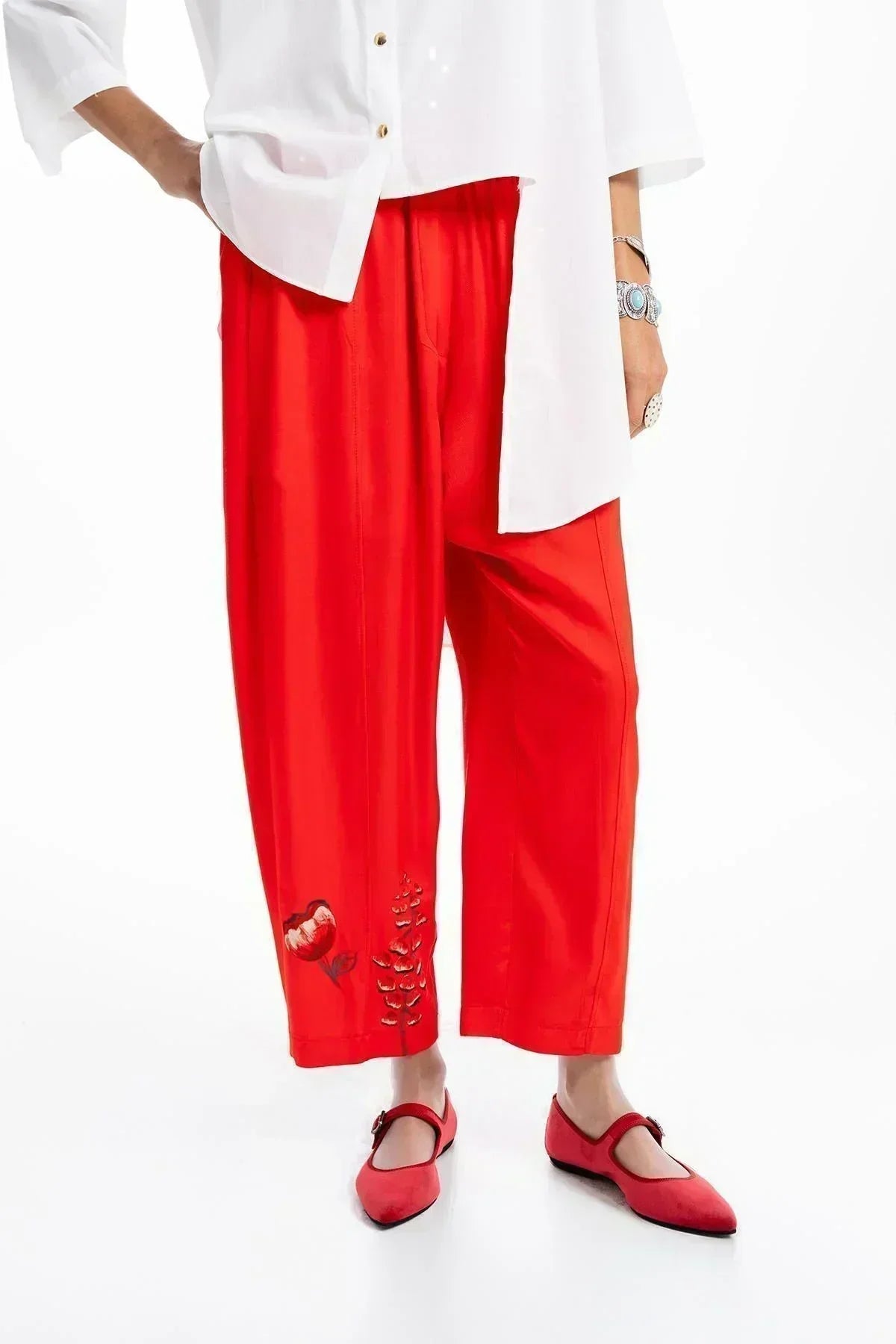 RED SATIN HAND PAINTED WIDE LEG TROUSERS