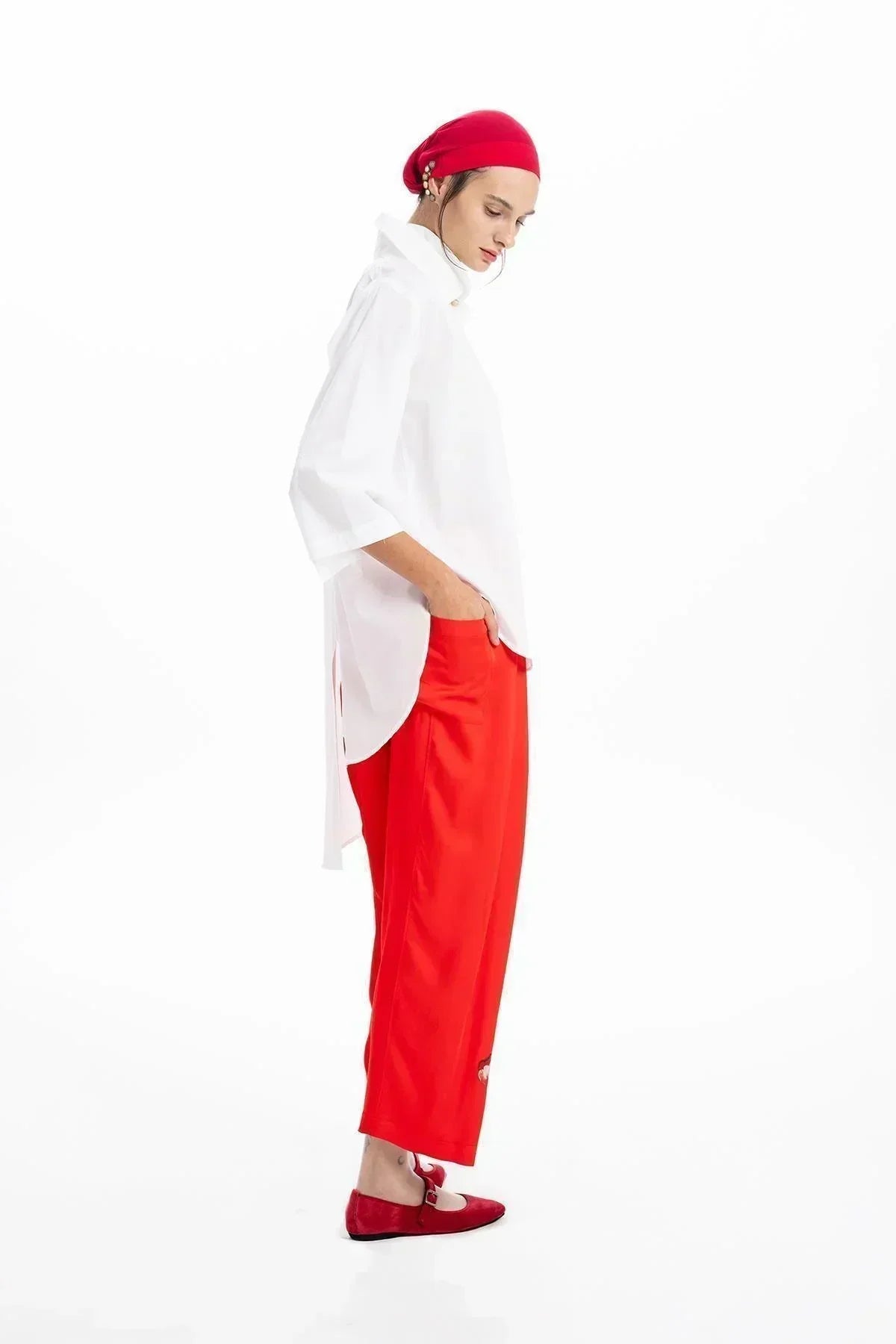 RED SATIN HAND PAINTED WIDE LEG TROUSERS