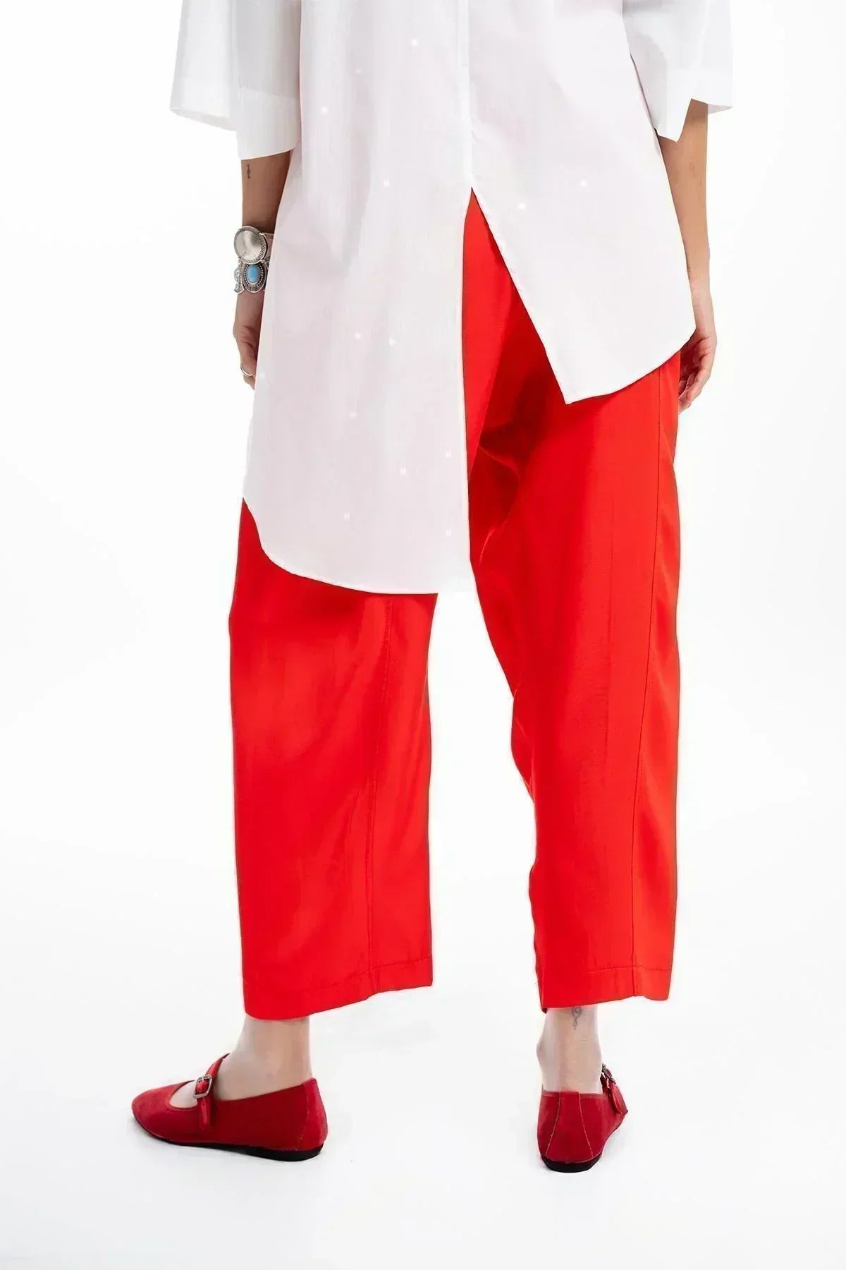 KIRMIZI SATEN EL BOYAMASI BOL PAÇA PANTOLON