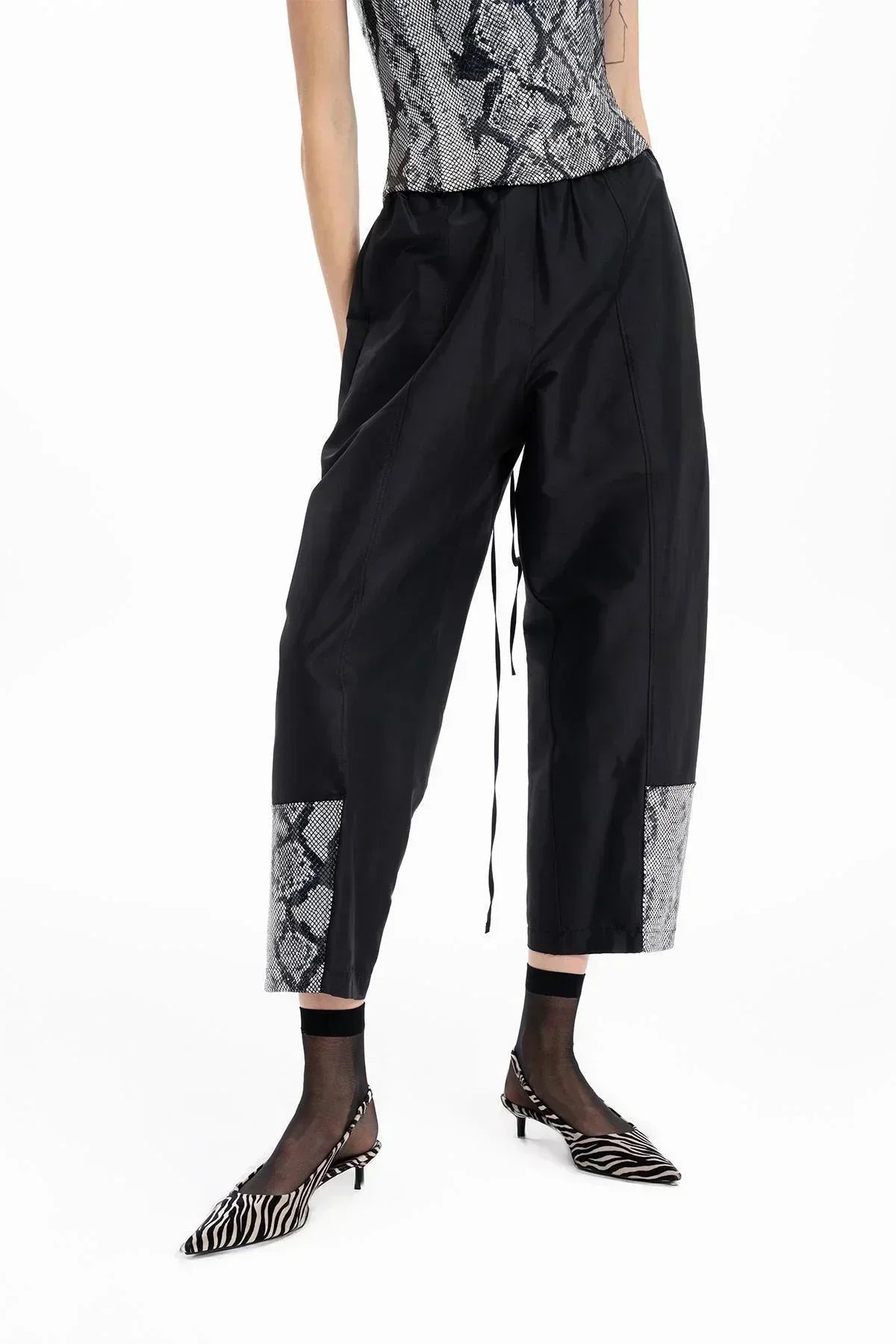 BLACK PITHON PRINTED LEATHER TAFFETA TROUSERS