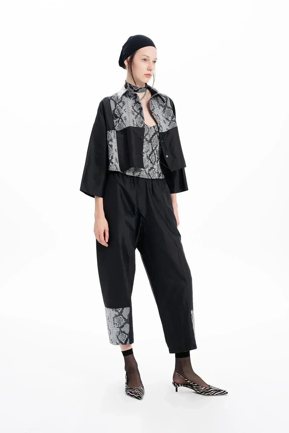 BLACK PITHON PRINTED LEATHER TAFFETA TROUSERS