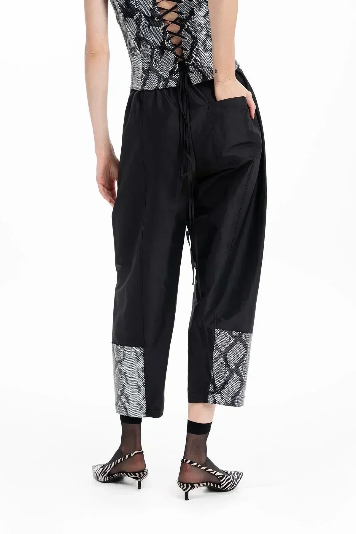 BLACK PITHON PRINTED LEATHER TAFFETA TROUSERS