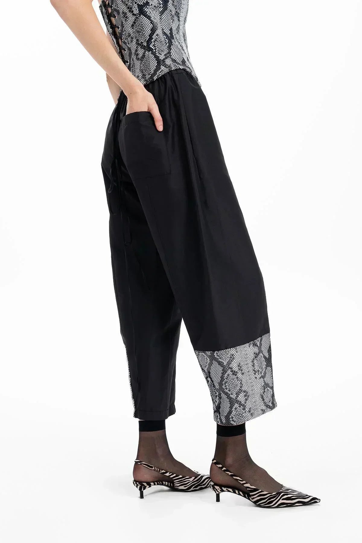 BLACK PITHON PRINTED LEATHER TAFFETA TROUSERS