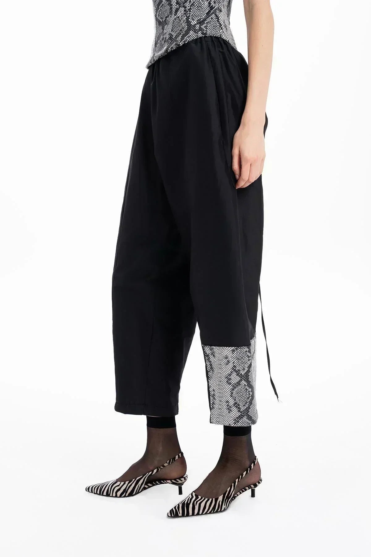 BLACK PITHON PRINTED LEATHER TAFFETA TROUSERS