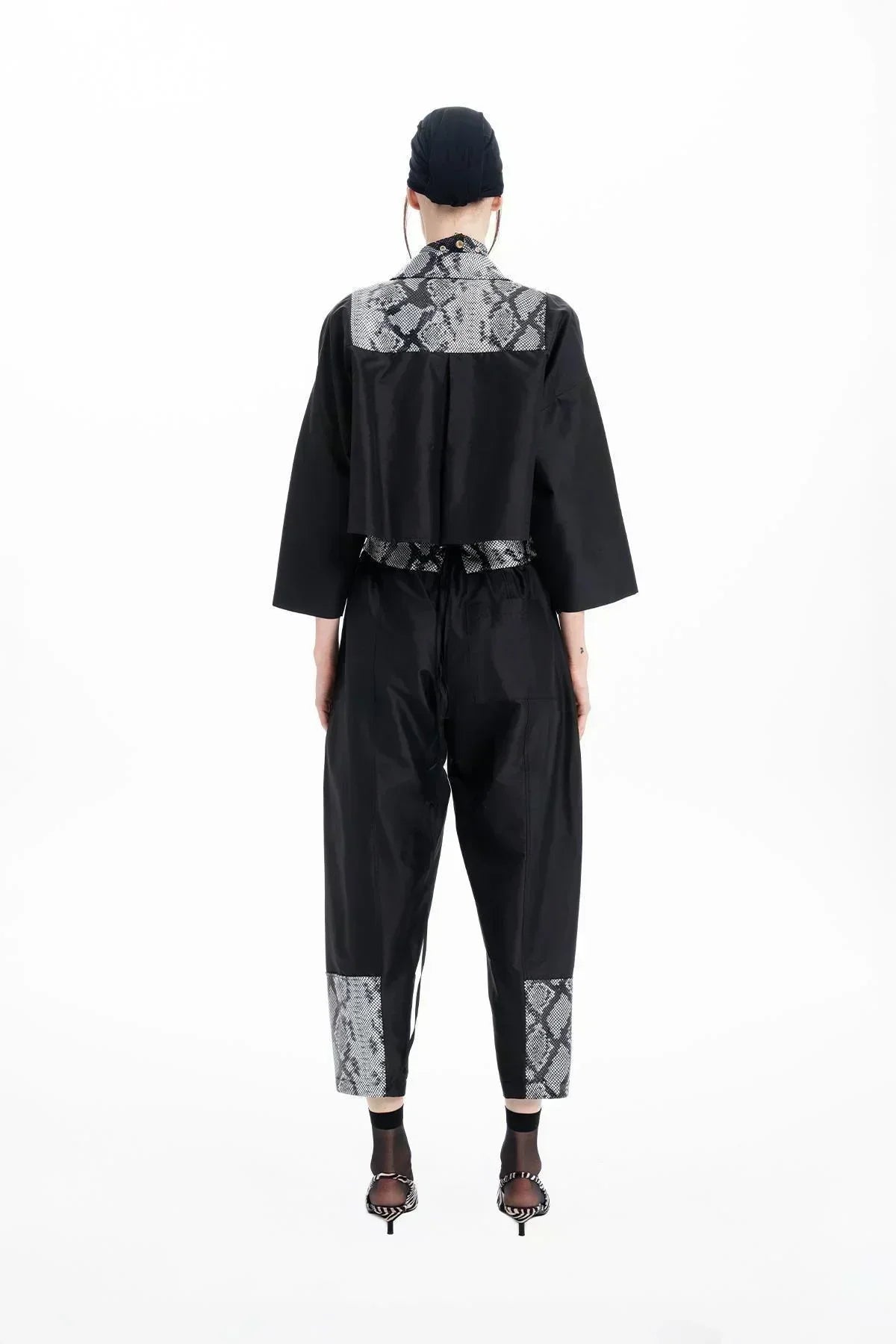 BLACK PITHON PRINTED LEATHER TAFFETA TROUSERS