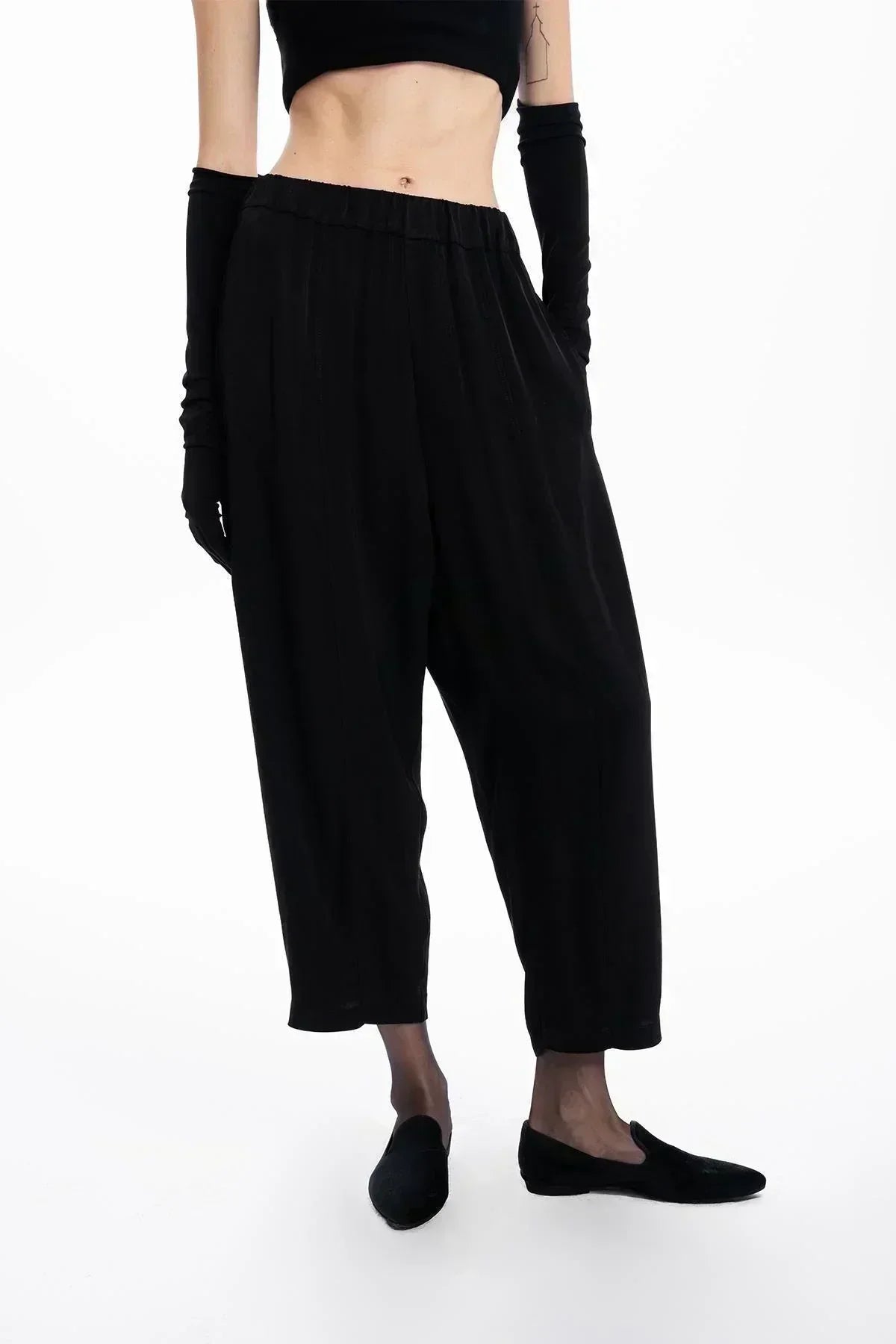 BLACK SATIN WIDE LEG TROUSERS