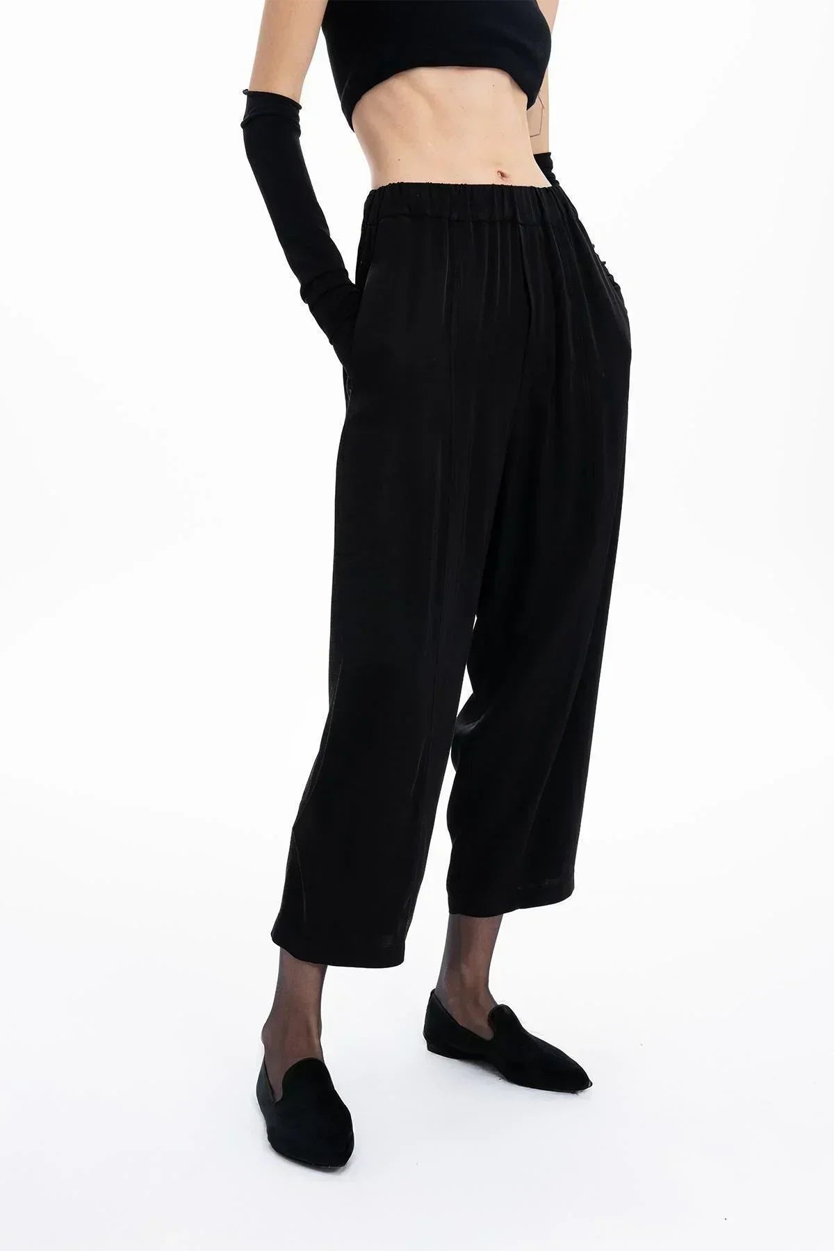 BLACK SATIN WIDE LEG TROUSERS