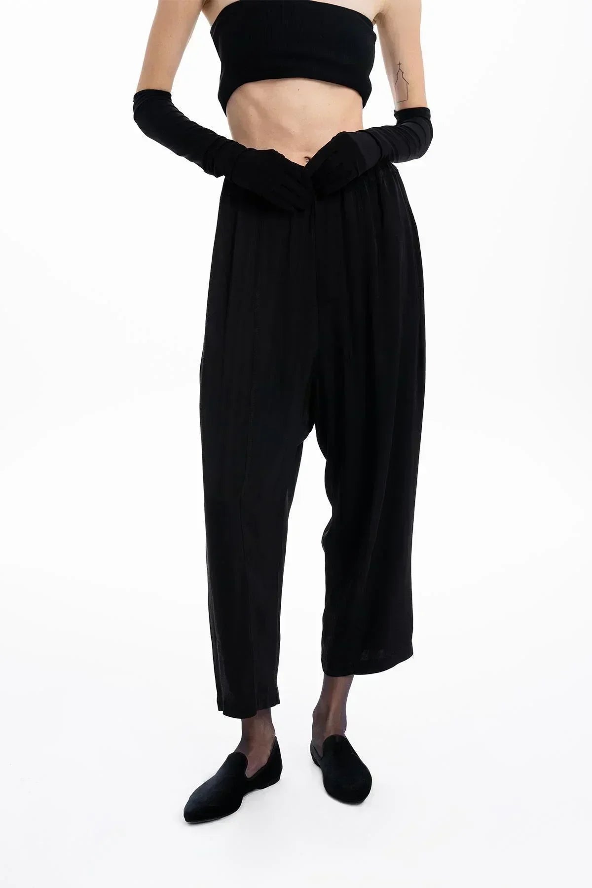 BLACK SATIN WIDE LEG TROUSERS
